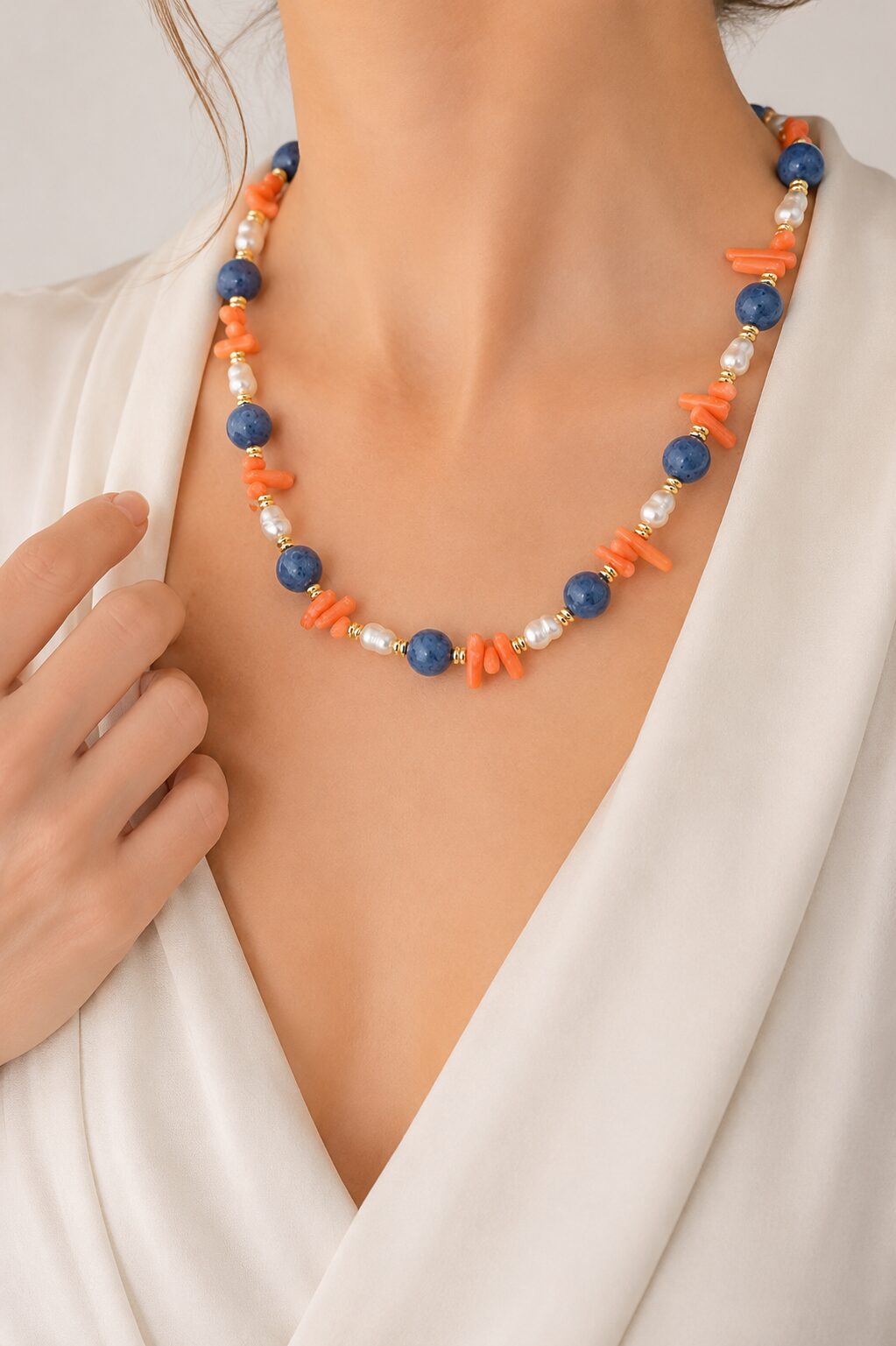 COLLANA ARTIGIANALE CORALLO BLU PERLE CORALLO BAMBOO ARGENTO DORATO