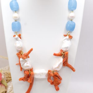 Collana Giada Jelly Azzurro Perle Corallo Naturale Argento Dorato