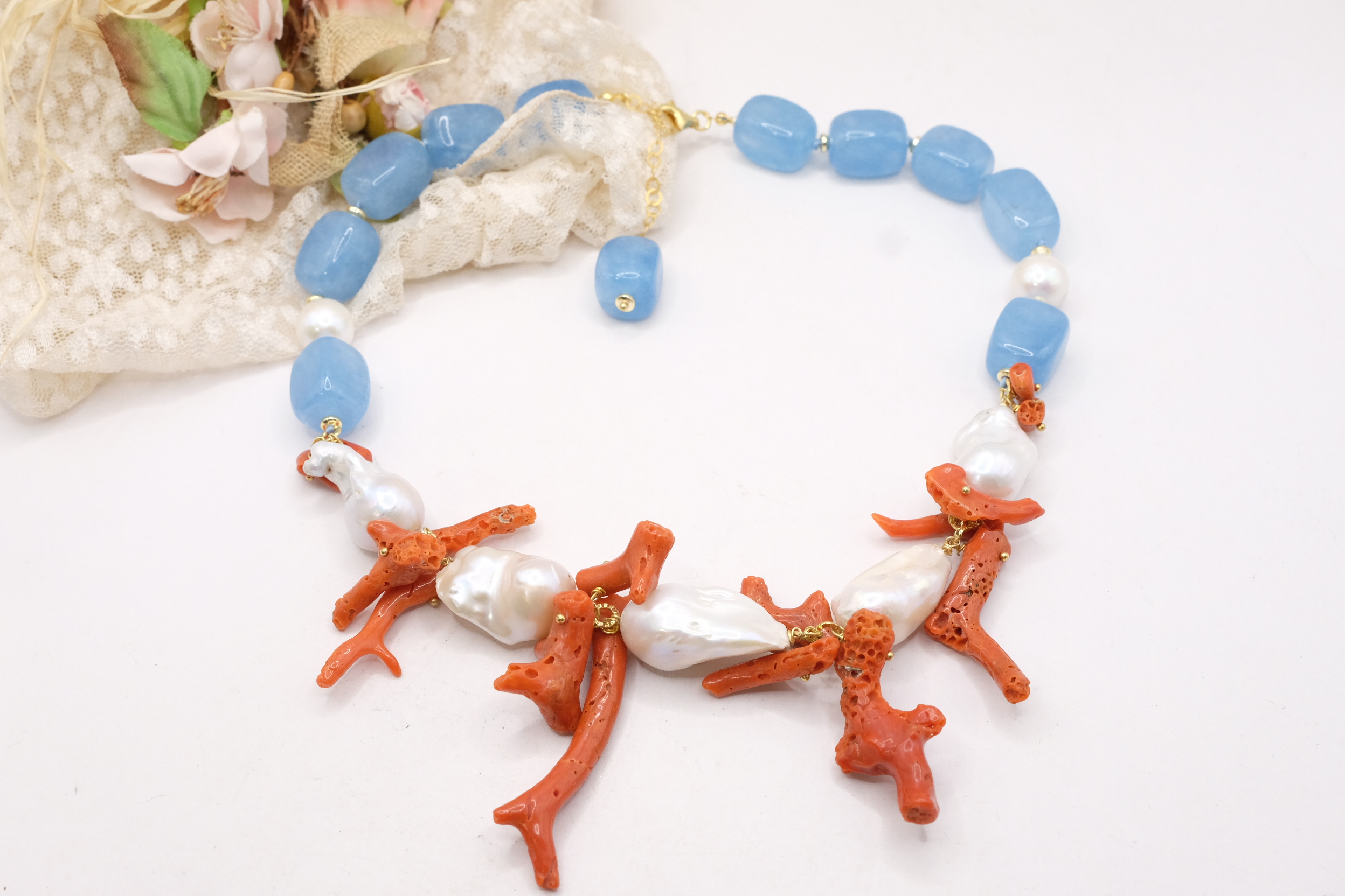 COLLANA ARTIGIANALE GIADA JELLY AZZURRO PERLE CORALLO ARGENTO 925 PLACCATO ORO (4)