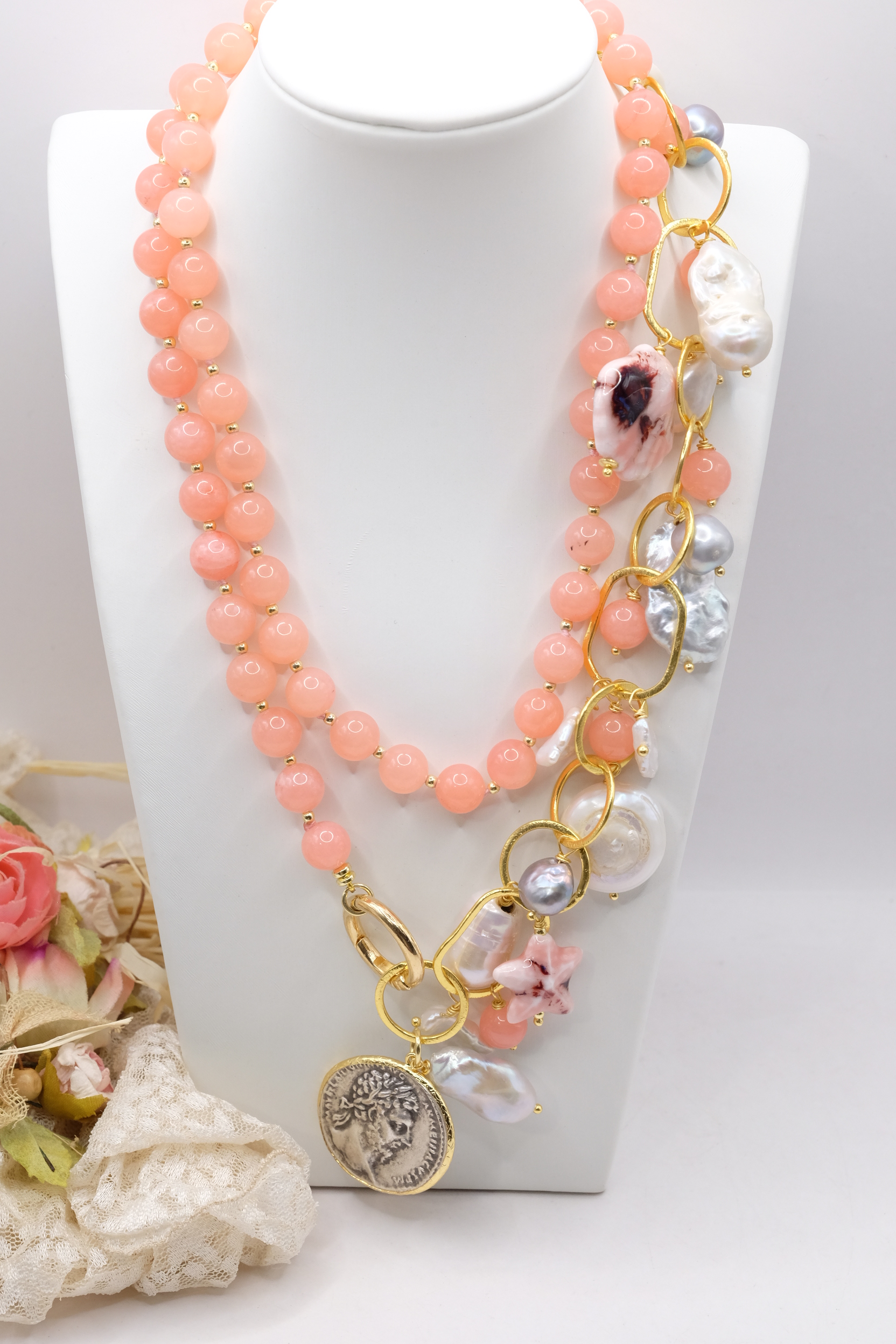 HANDMADE NECKLACE PINK JADE WHITE AND GREY PEARLS CALTAGIRONE CERAMIC 18 KT GOLD PLATED BRASS (1)