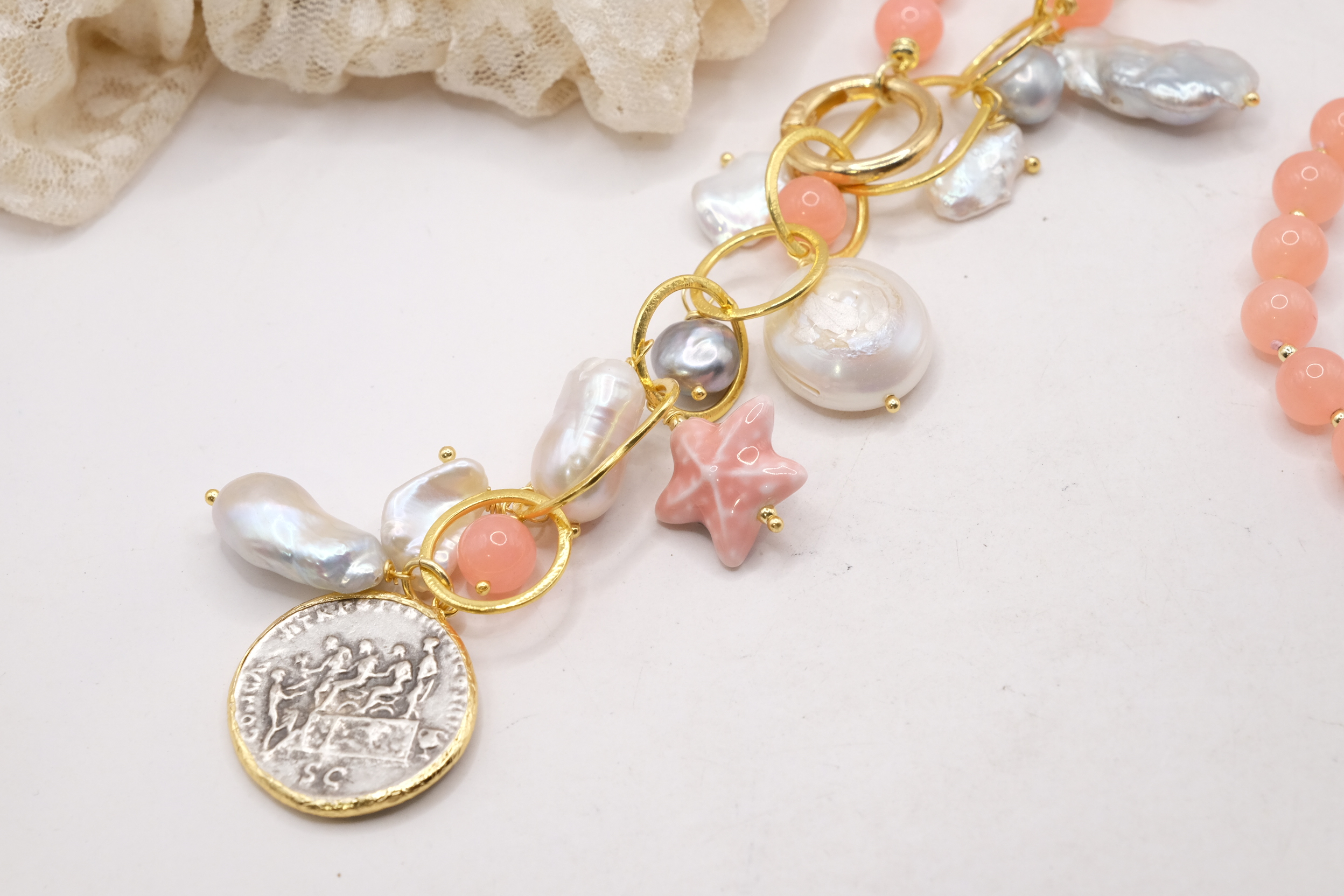 HANDMADE NECKLACE PINK JADE WHITE AND GREY PEARLS CALTAGIRONE CERAMIC 18 KT GOLD PLATED BRASS (2)