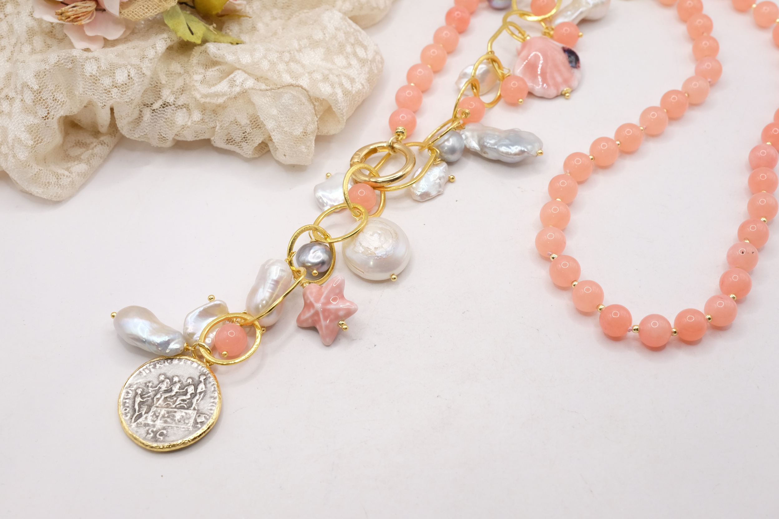 HANDMADE NECKLACE PINK JADE WHITE AND GREY PEARLS CALTAGIRONE CERAMIC 18 KT GOLD PLATED BRASS (3)