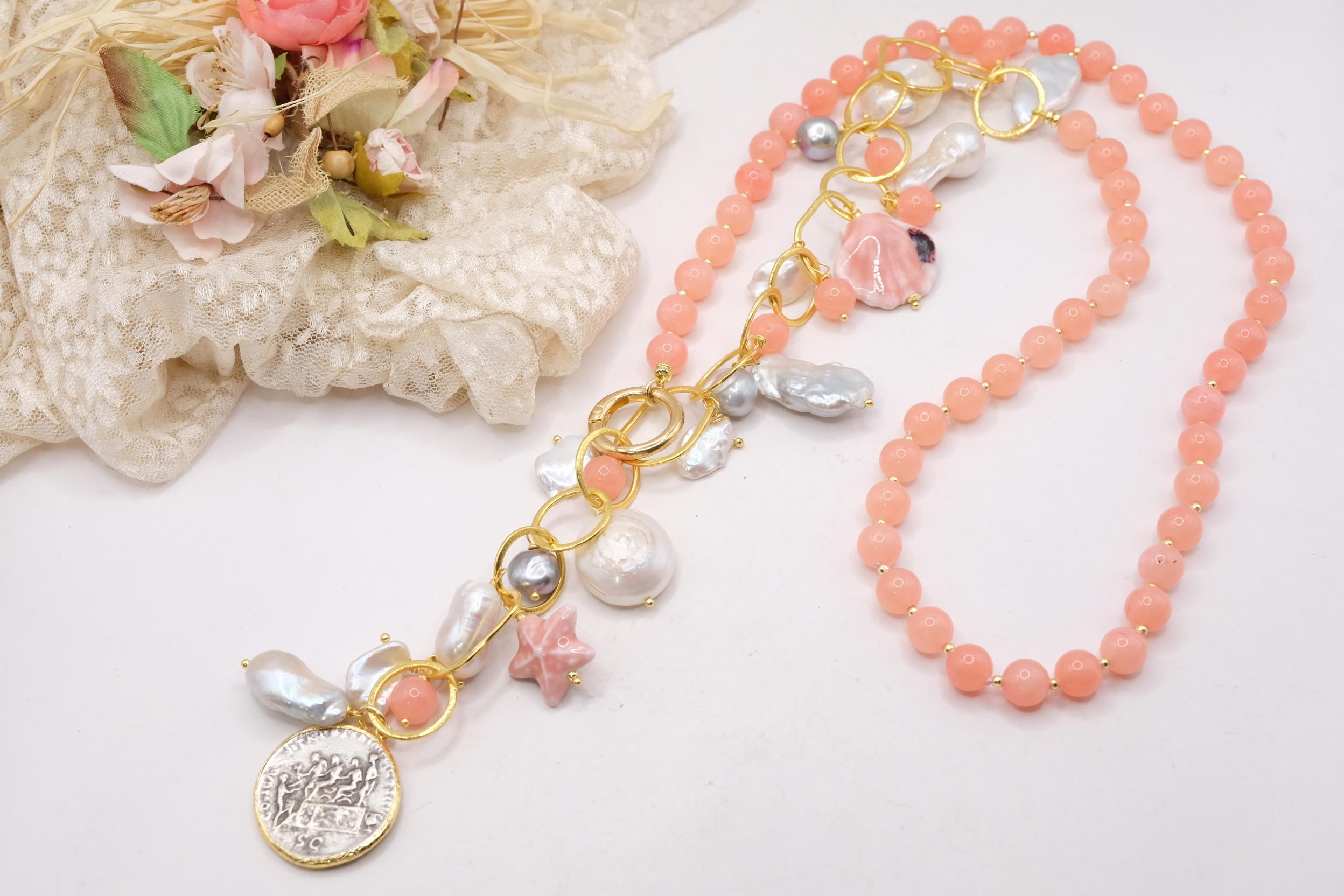 HANDMADE NECKLACE PINK JADE WHITE AND GREY PEARLS CALTAGIRONE CERAMIC 18 KT GOLD PLATED BRASS (4)