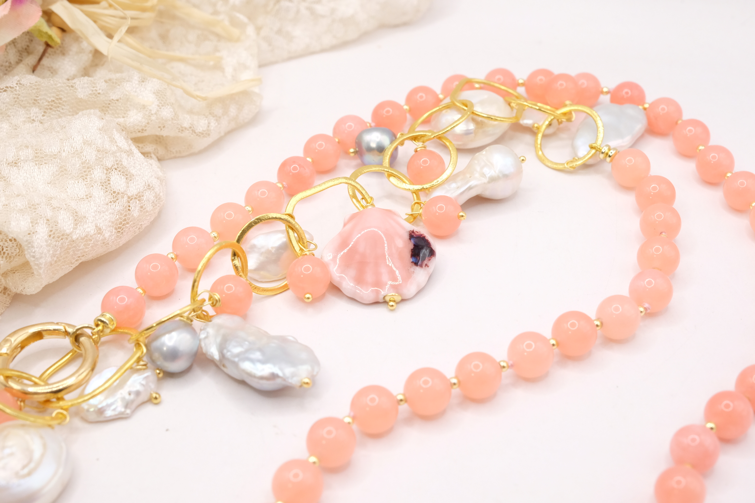 HANDMADE NECKLACE PINK JADE WHITE AND GREY PEARLS CALTAGIRONE CERAMIC 18 KT GOLD PLATED BRASS (6)