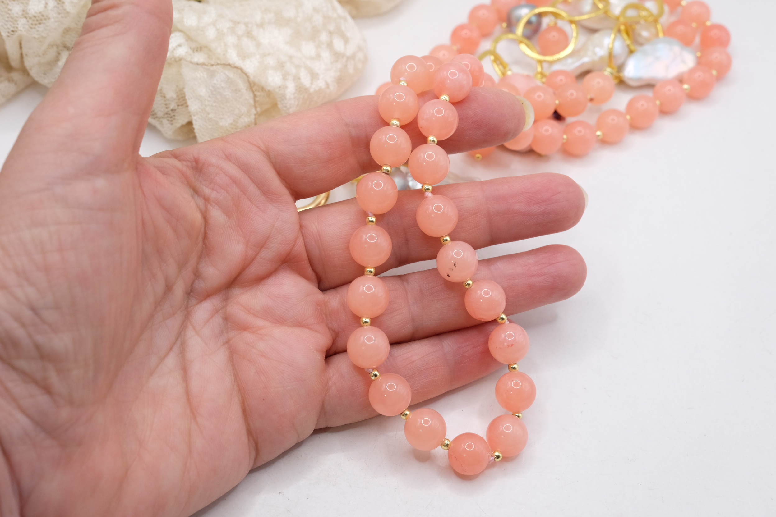 HANDMADE NECKLACE PINK JADE WHITE AND GREY PEARLS CALTAGIRONE CERAMIC 18 KT GOLD PLATED BRASS (7)