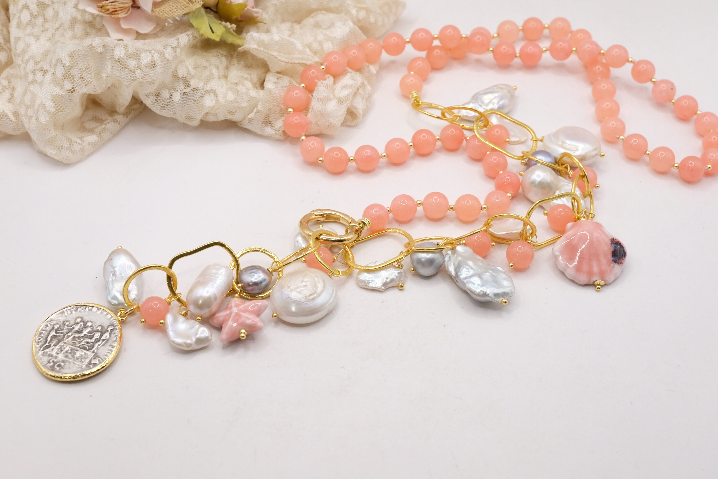 HANDMADE NECKLACE PINK JADE WHITE AND GREY PEARLS CALTAGIRONE CERAMIC 18 KT GOLD PLATED BRASS (8)