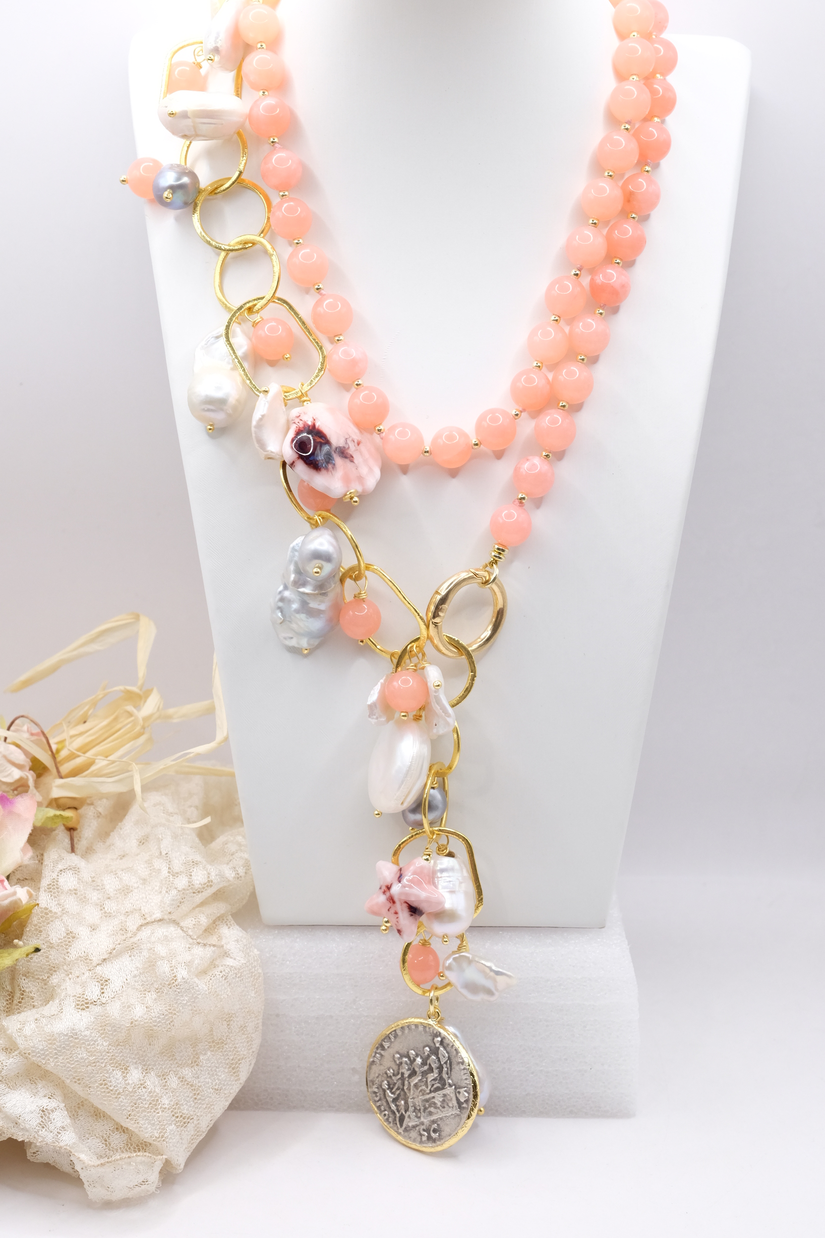 HANDMADE NECKLACE PINK JADE WHITE AND GREY PEARLS CALTAGIRONE CERAMIC 18 KT GOLD PLATED BRASS (9)