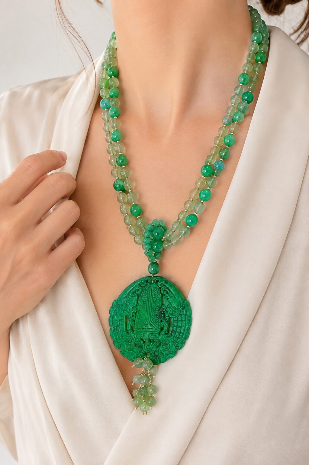 COLLANA ARTIGIANALE GIADA VERDE CRISTALLI MANDALA
