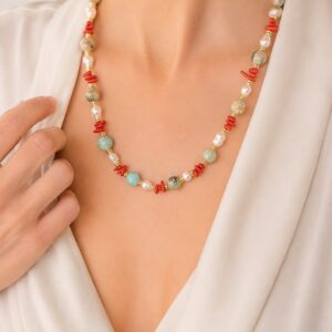 Collana Girocollo Kaolinite Perle e Corallo Bamboo Argento Dorato