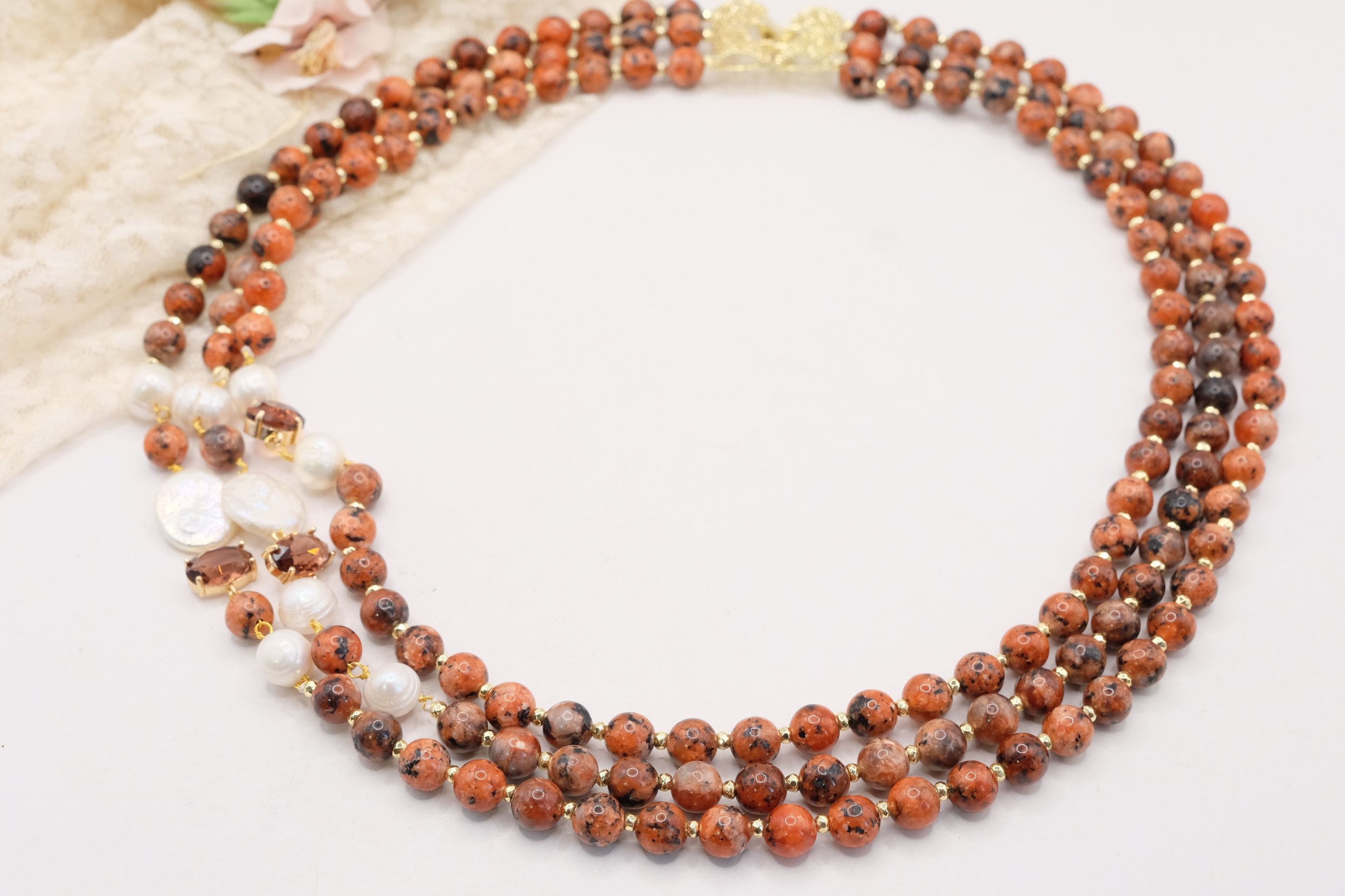 COLLANA ARTIGIANALE MULTIFILO DIASPRO IMPERIALE EMATITE PERLE CRISTALLI FILIGRANA (1)