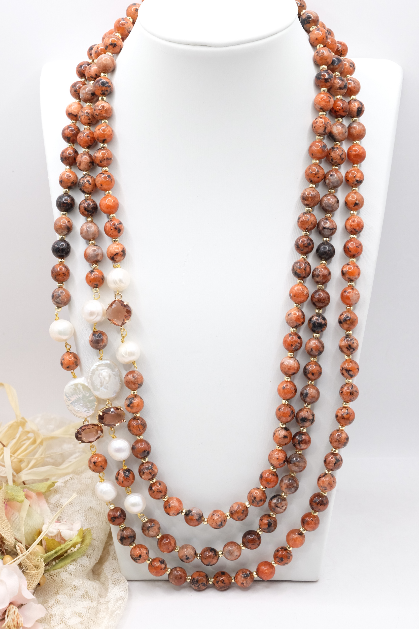 COLLANA ARTIGIANALE MULTIFILO DIASPRO IMPERIALE EMATITE PERLE CRISTALLI FILIGRANA (2)
