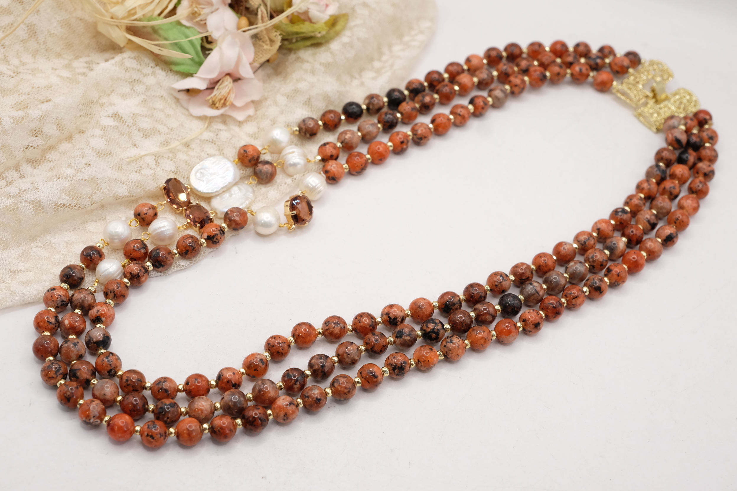 COLLANA ARTIGIANALE MULTIFILO DIASPRO IMPERIALE EMATITE PERLE CRISTALLI FILIGRANA (3)
