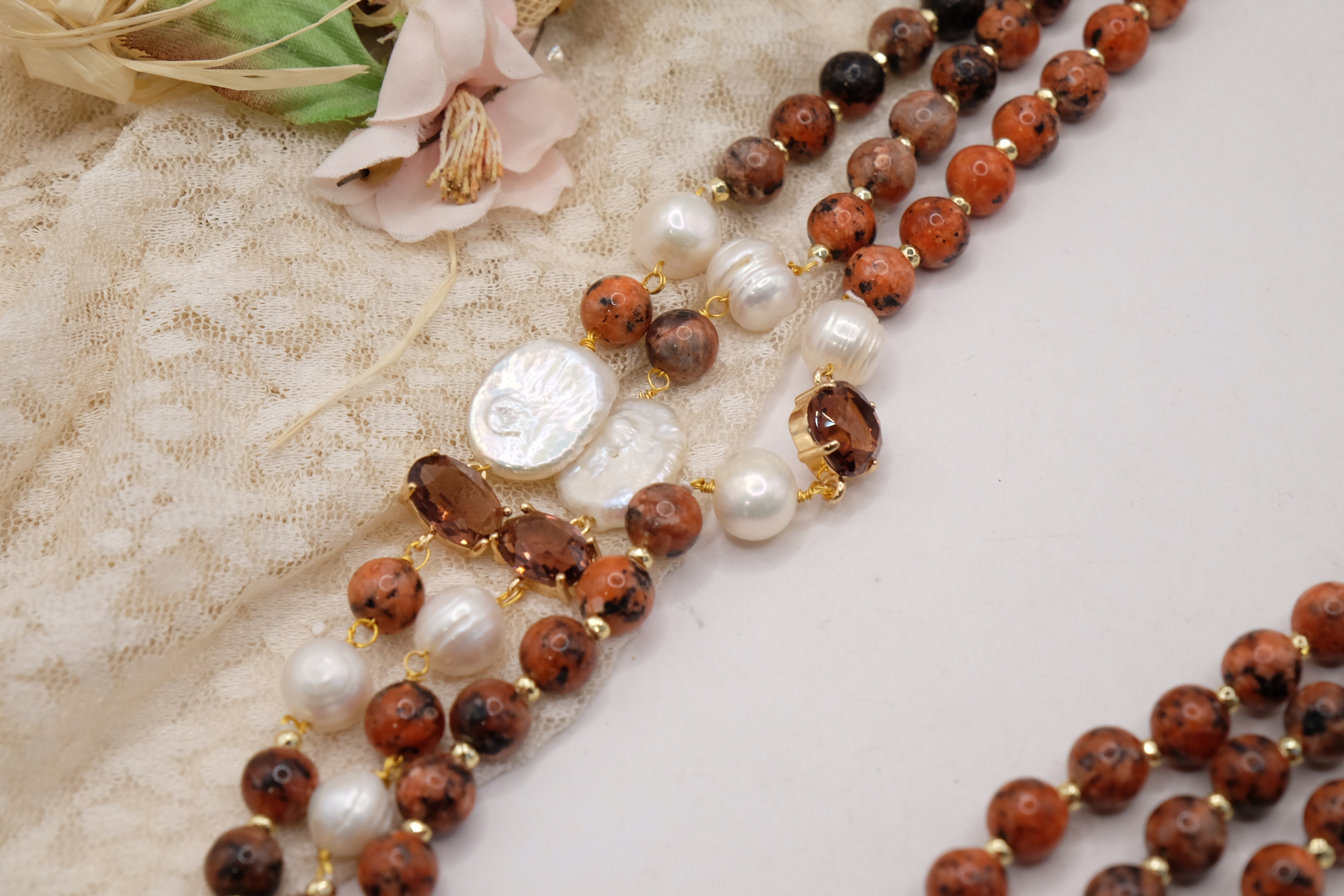 COLLANA ARTIGIANALE MULTIFILO DIASPRO IMPERIALE EMATITE PERLE CRISTALLI FILIGRANA (4)