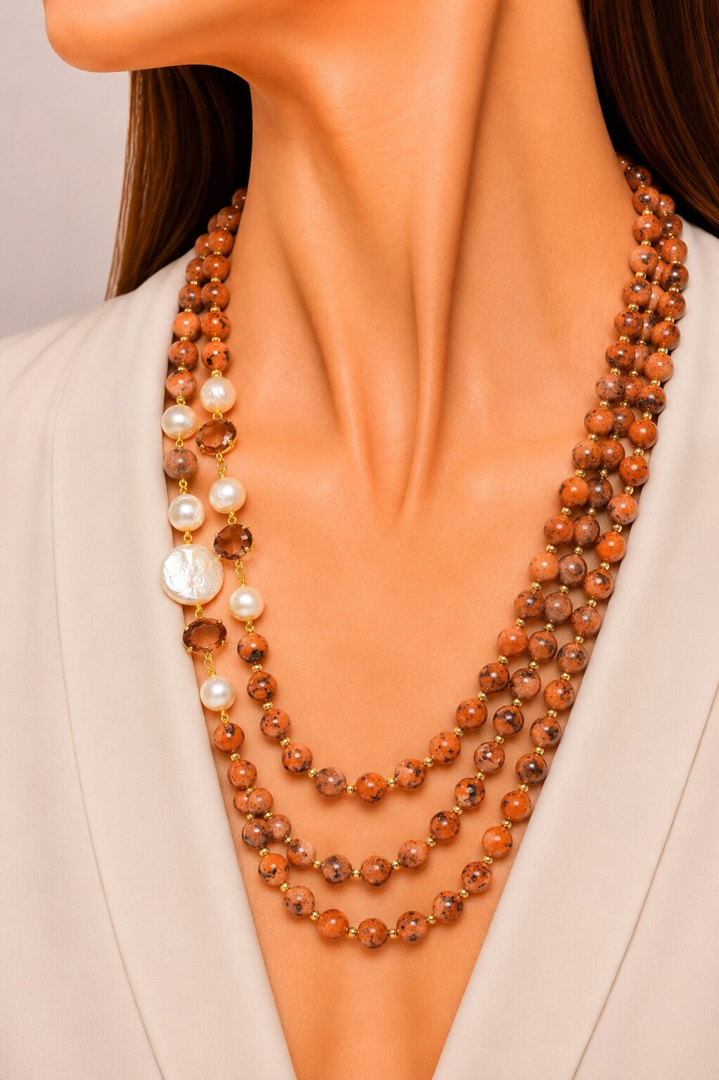 COLLANA ARTIGIANALE MULTIFILO DIASPRO IMPERIALE EMATITE PERLE CRISTALLI FILIGRANA