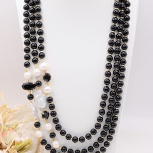 Collana Multifilo Onice Nero Perle Cristalli Filigrana