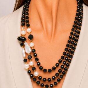 Collana Multifilo Onice Nero Perle Cristalli Filigrana