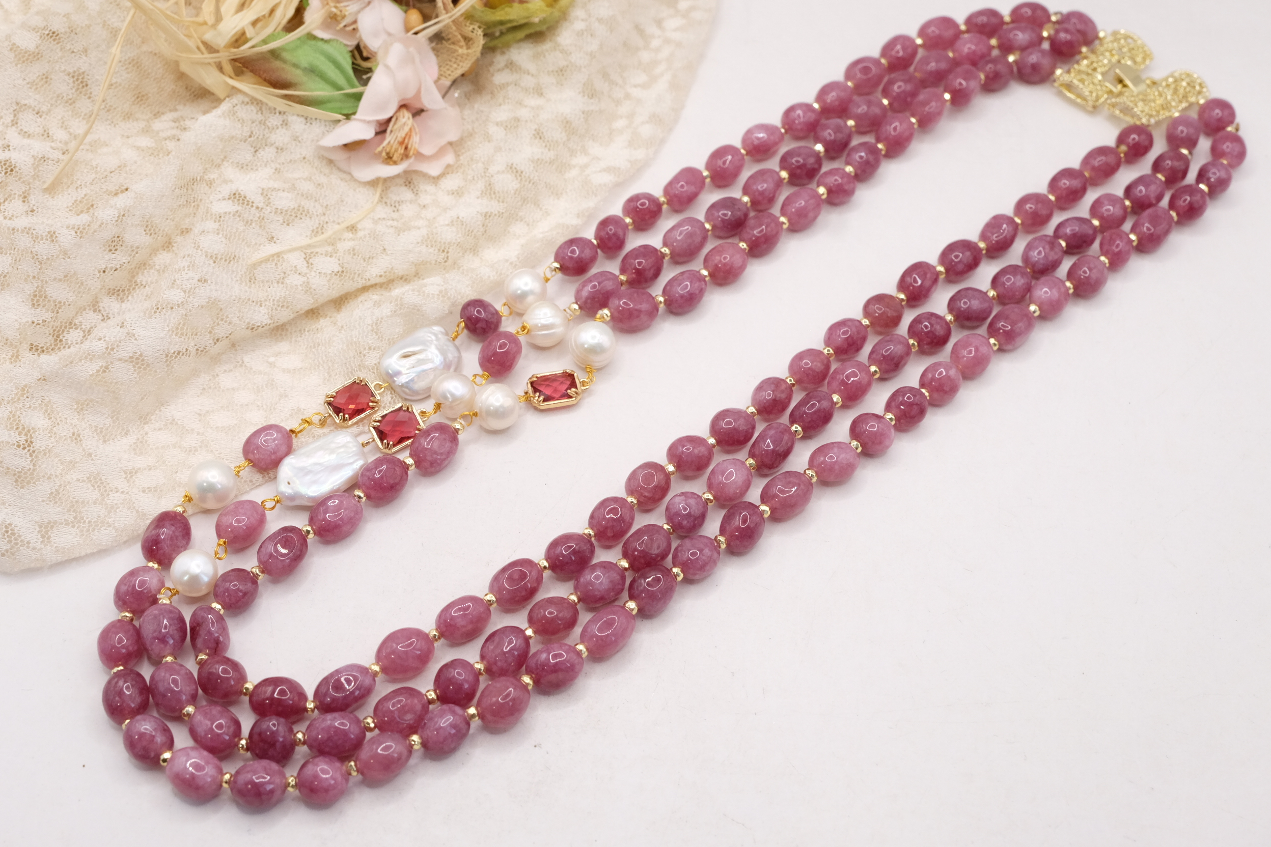COLLANA ARTIGIANALE MULTIFILO TORMALINA MALVA MOUVE EMATITE PERLE CRISTALLI FILIGRANA (2)