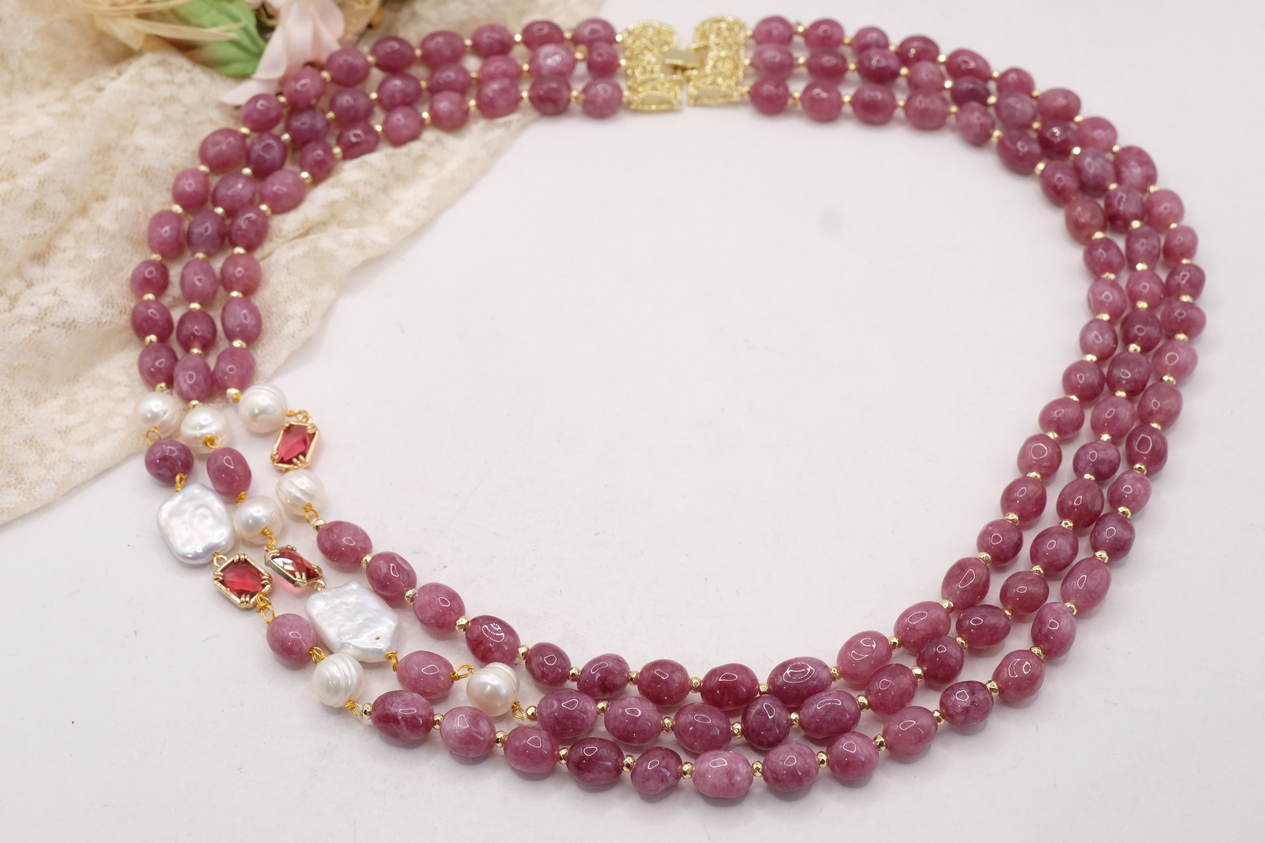 COLLANA ARTIGIANALE MULTIFILO TORMALINA MALVA MOUVE EMATITE PERLE CRISTALLI FILIGRANA (6)