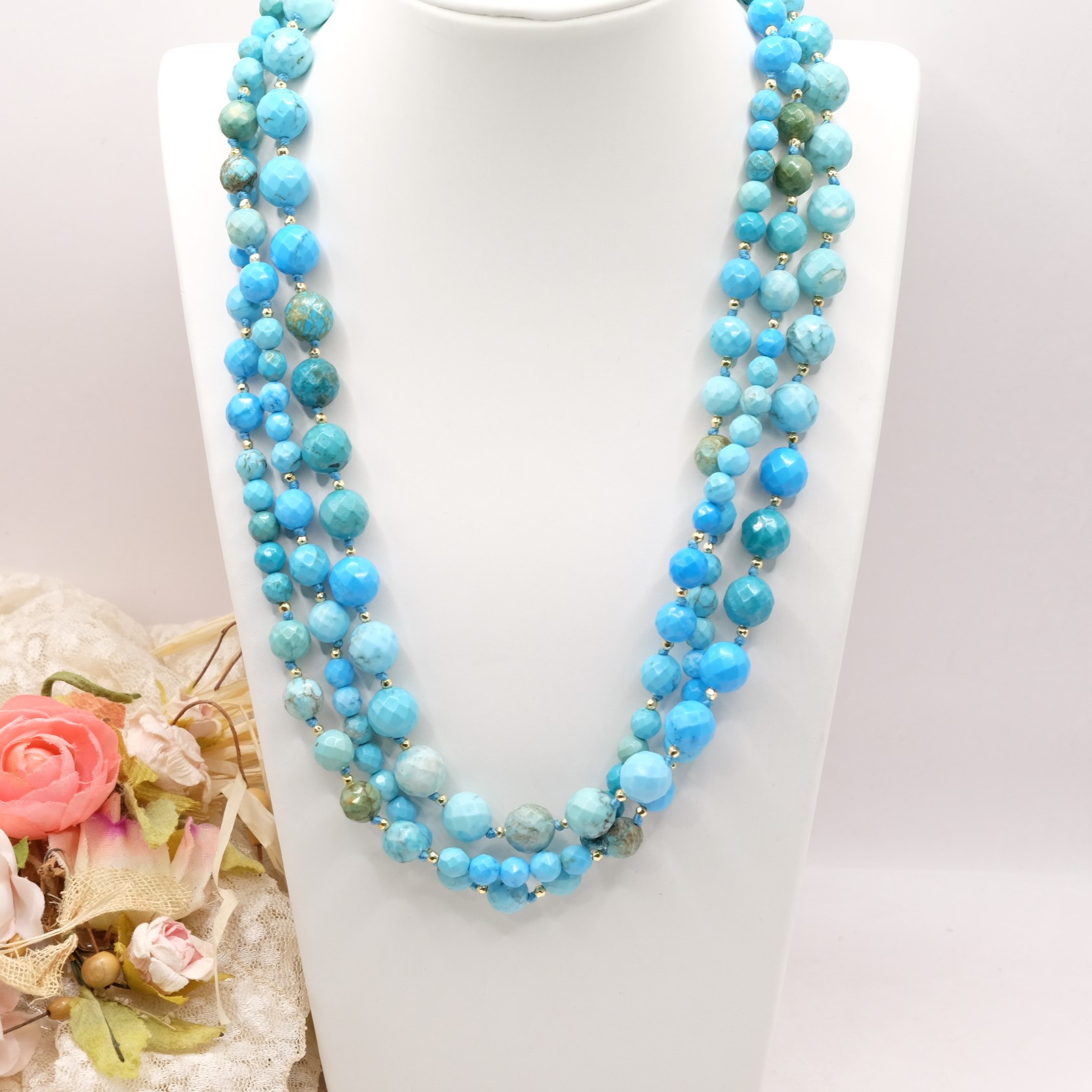 COLLANA ARTIGIANALE MULTIFILO TURCHESE NATURALE NEPALESE PERLA PASTA DI TURCHESE LAPIS PENDENTE (1)