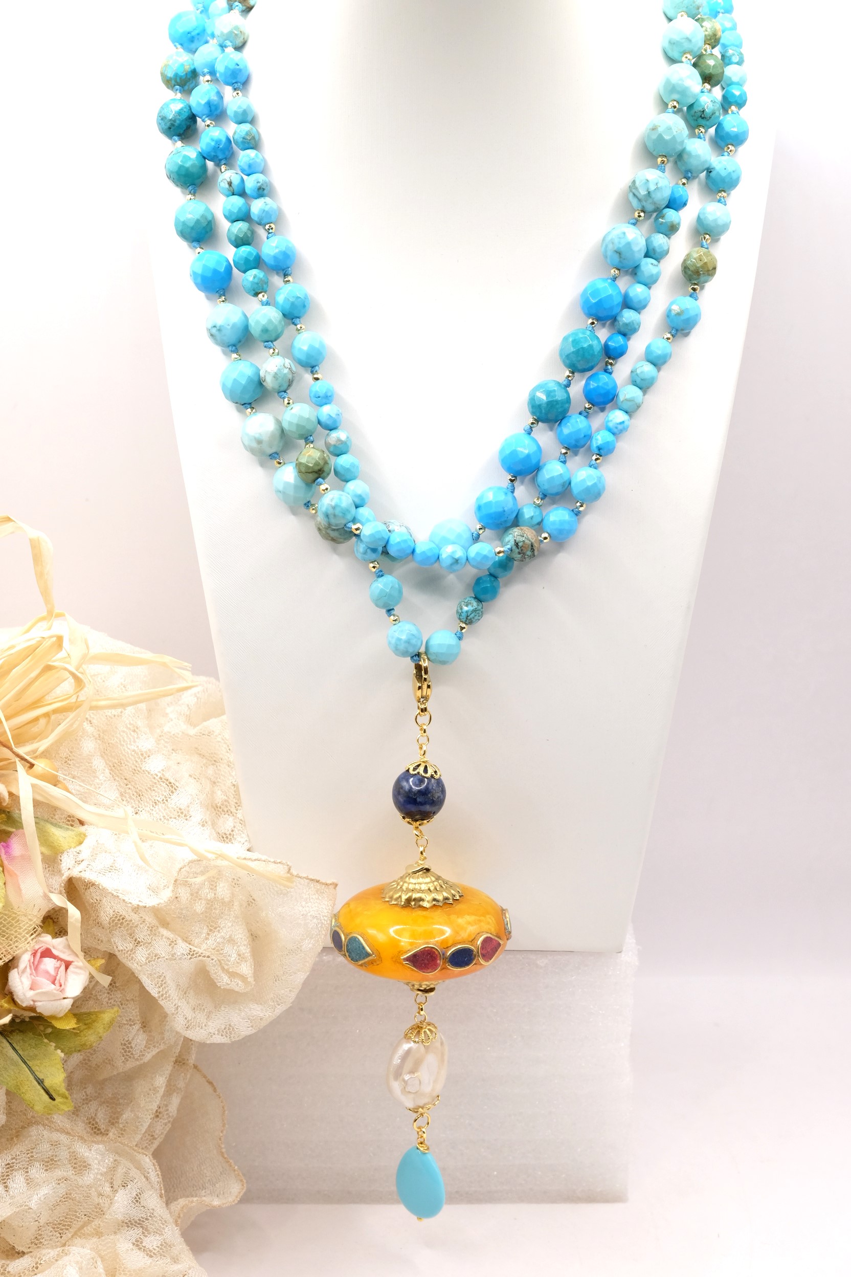 COLLANA ARTIGIANALE MULTIFILO TURCHESE NATURALE NEPALESE PERLA PASTA DI TURCHESE LAPIS PENDENTE (2)