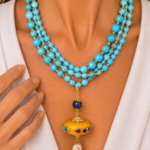 Collana artigianale multifilo in turchese naturale pendente Nepalese argento