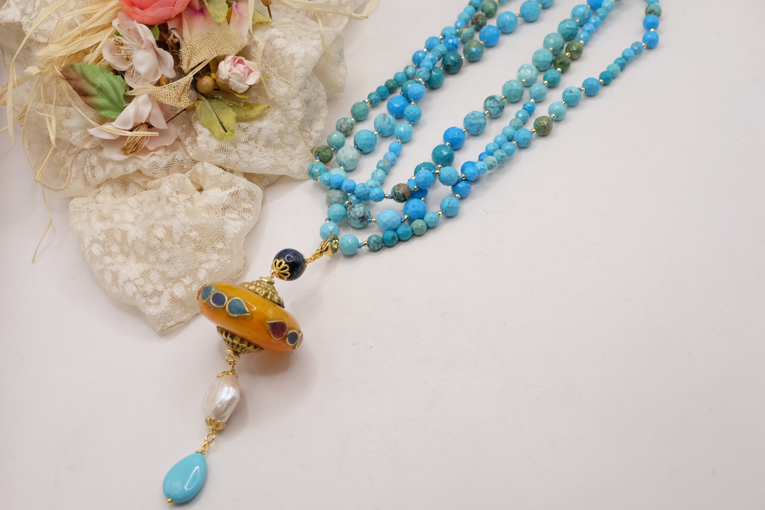 COLLANA ARTIGIANALE MULTIFILO TURCHESE NATURALE NEPALESE PERLA PASTA DI TURCHESE LAPIS PENDENTE (4)