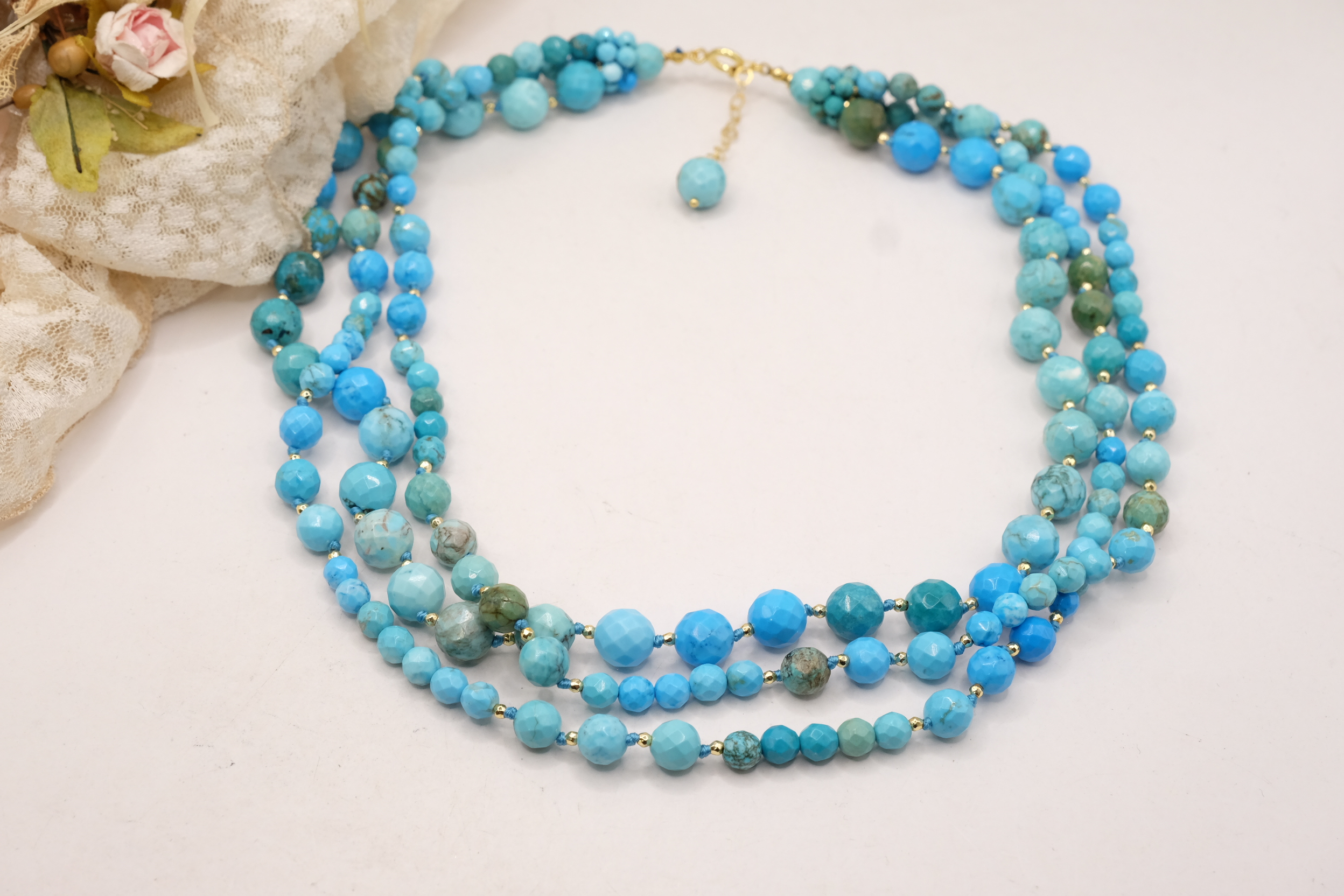 COLLANA ARTIGIANALE MULTIFILO TURCHESE NATURALE NEPALESE PERLA PASTA DI TURCHESE LAPIS PENDENTE (6)