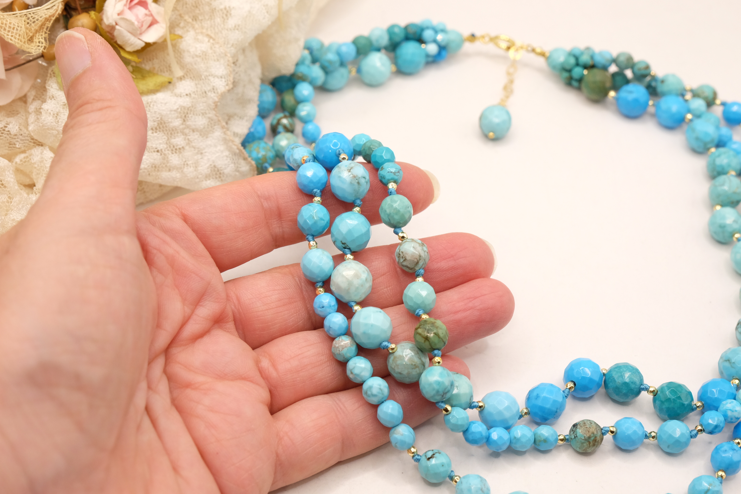COLLANA ARTIGIANALE MULTIFILO TURCHESE NATURALE NEPALESE PERLA PASTA DI TURCHESE LAPIS PENDENTE (7)