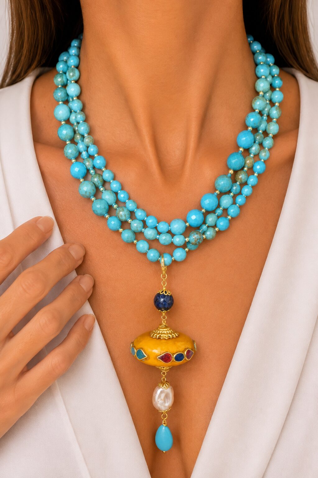 COLLANA ARTIGIANALE MULTIFILO TURCHESE NATURALE NEPALESE PERLA PASTA DI TURCHESE LAPIS PENDENTE