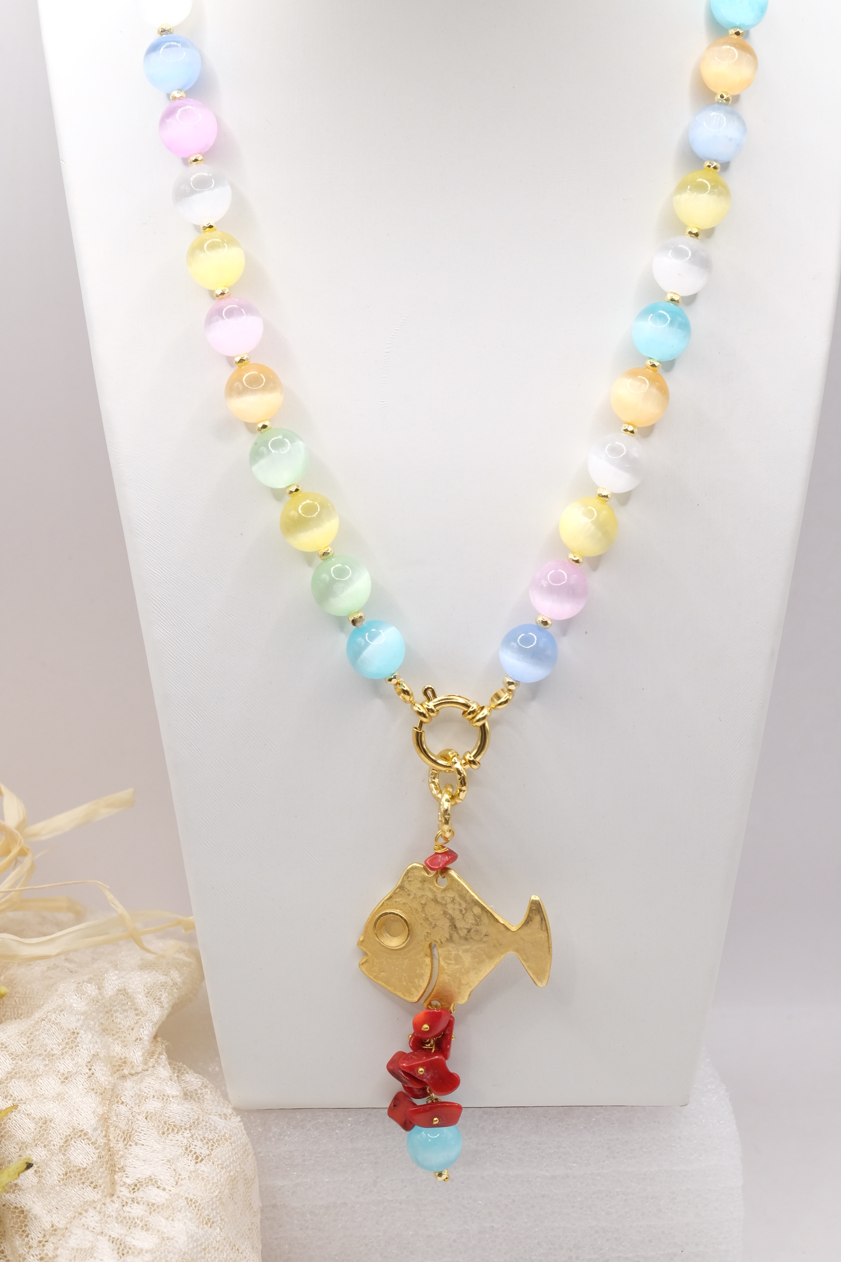 COLLANA ARTIGIANALE OCCHIO DI GATTO PESCE PENDENTE CORALLO BAMBOO (2)