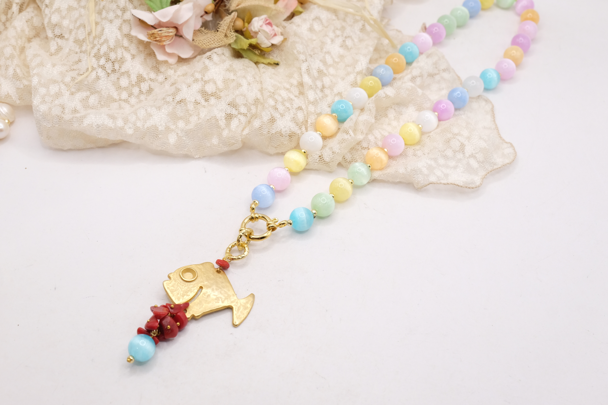 COLLANA ARTIGIANALE OCCHIO DI GATTO PESCE PENDENTE CORALLO BAMBOO (4)