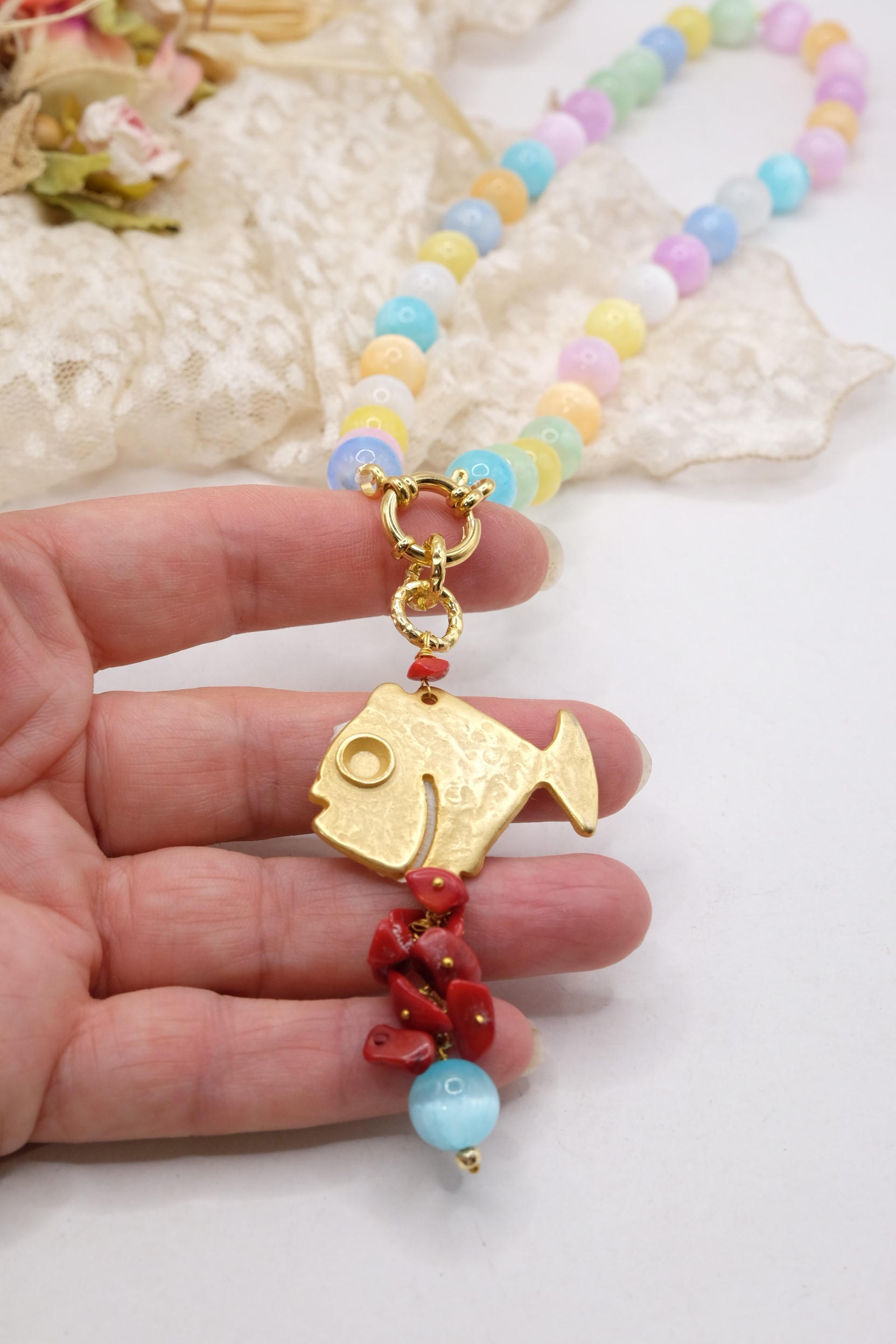 COLLANA ARTIGIANALE OCCHIO DI GATTO PESCE PENDENTE CORALLO BAMBOO (6)
