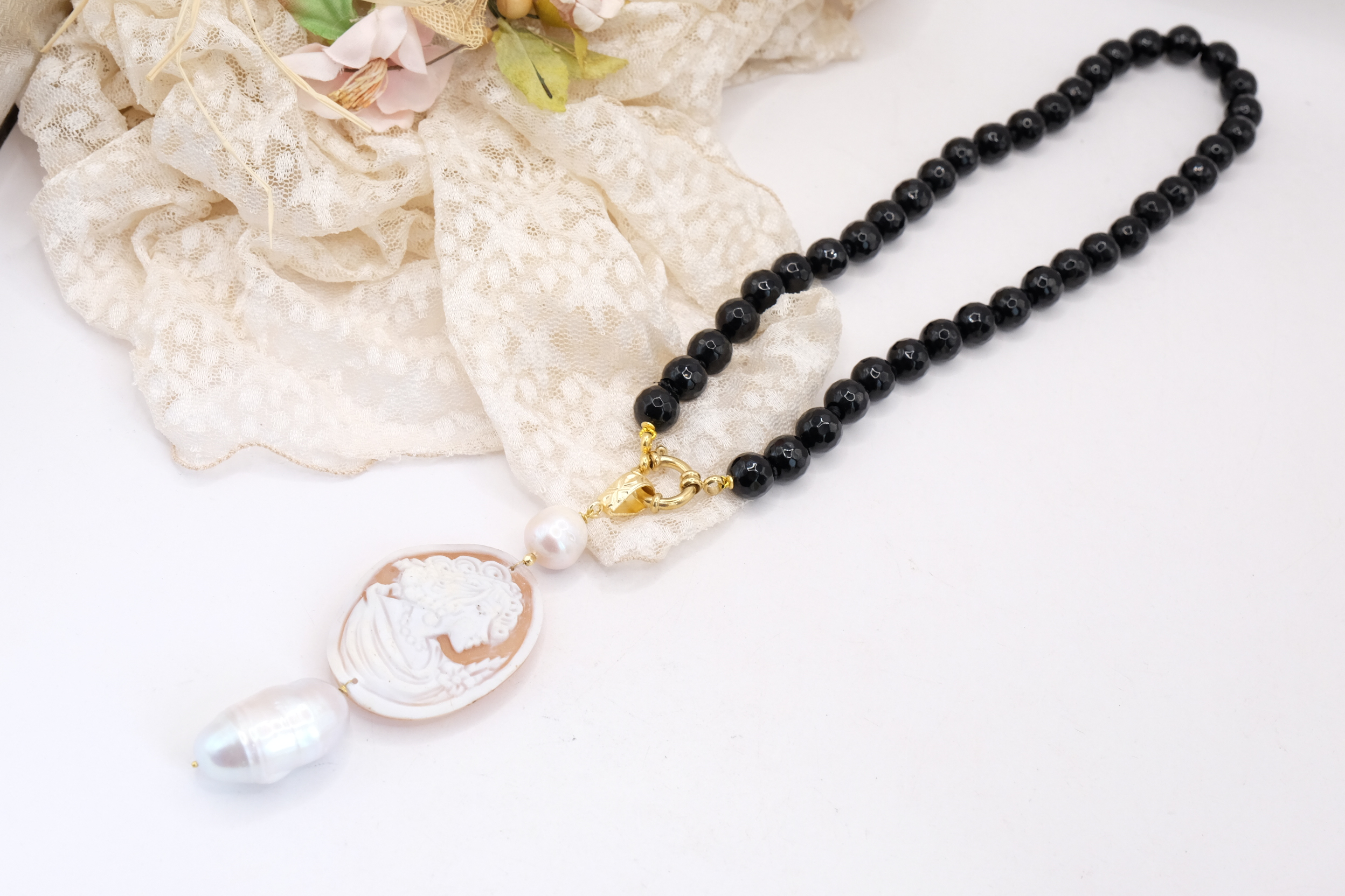 COLLANA ARTIGIANALE ONICE CAMMEO DI TORRE DEL GRECO PERLE NATURALI (4)