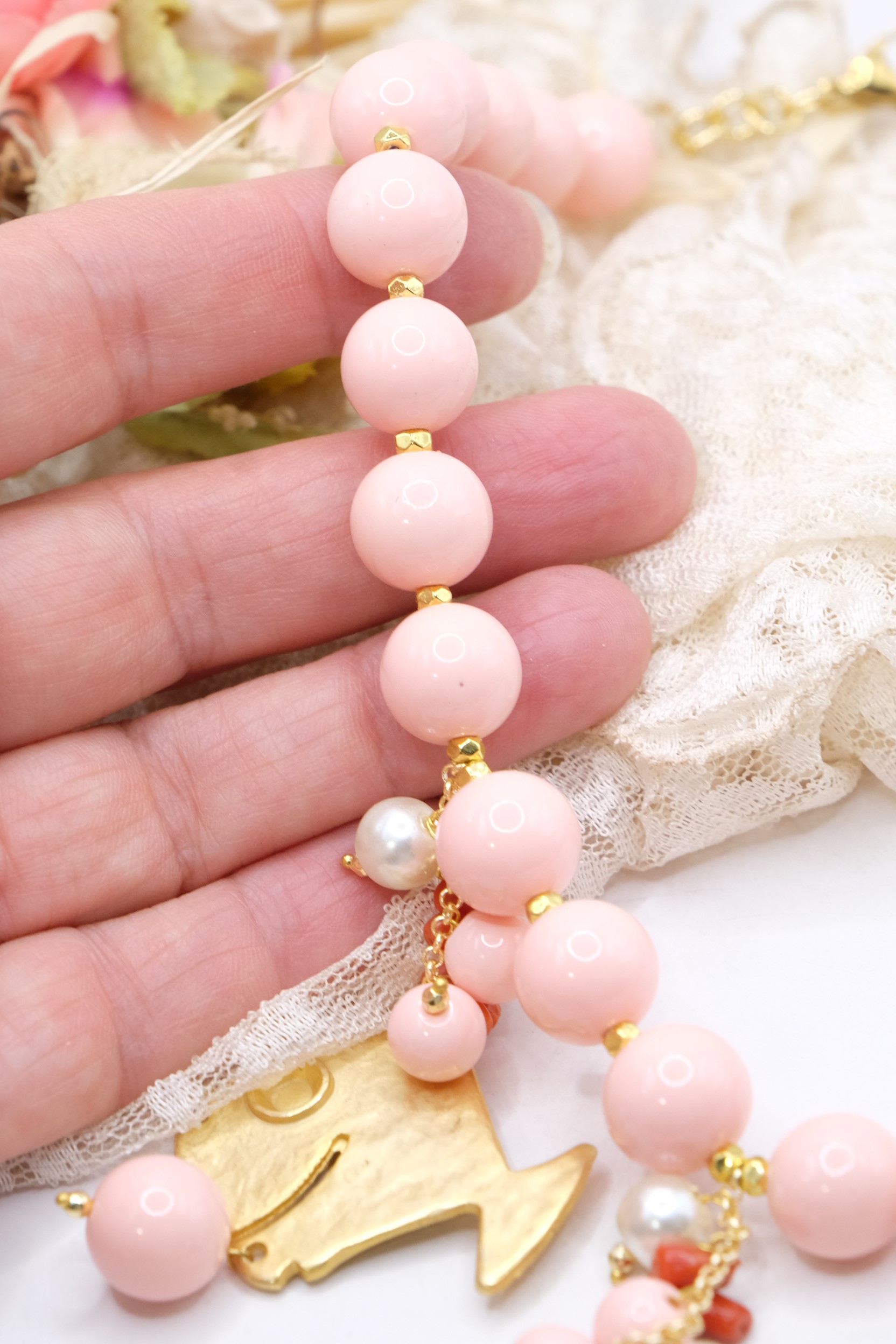COLLANA ARTIGIANALE PASTA DI CORALLO ROSA CONCHIGLIE PESCE CAVALLUCCIO POLPO CORALLO PERLE (8)