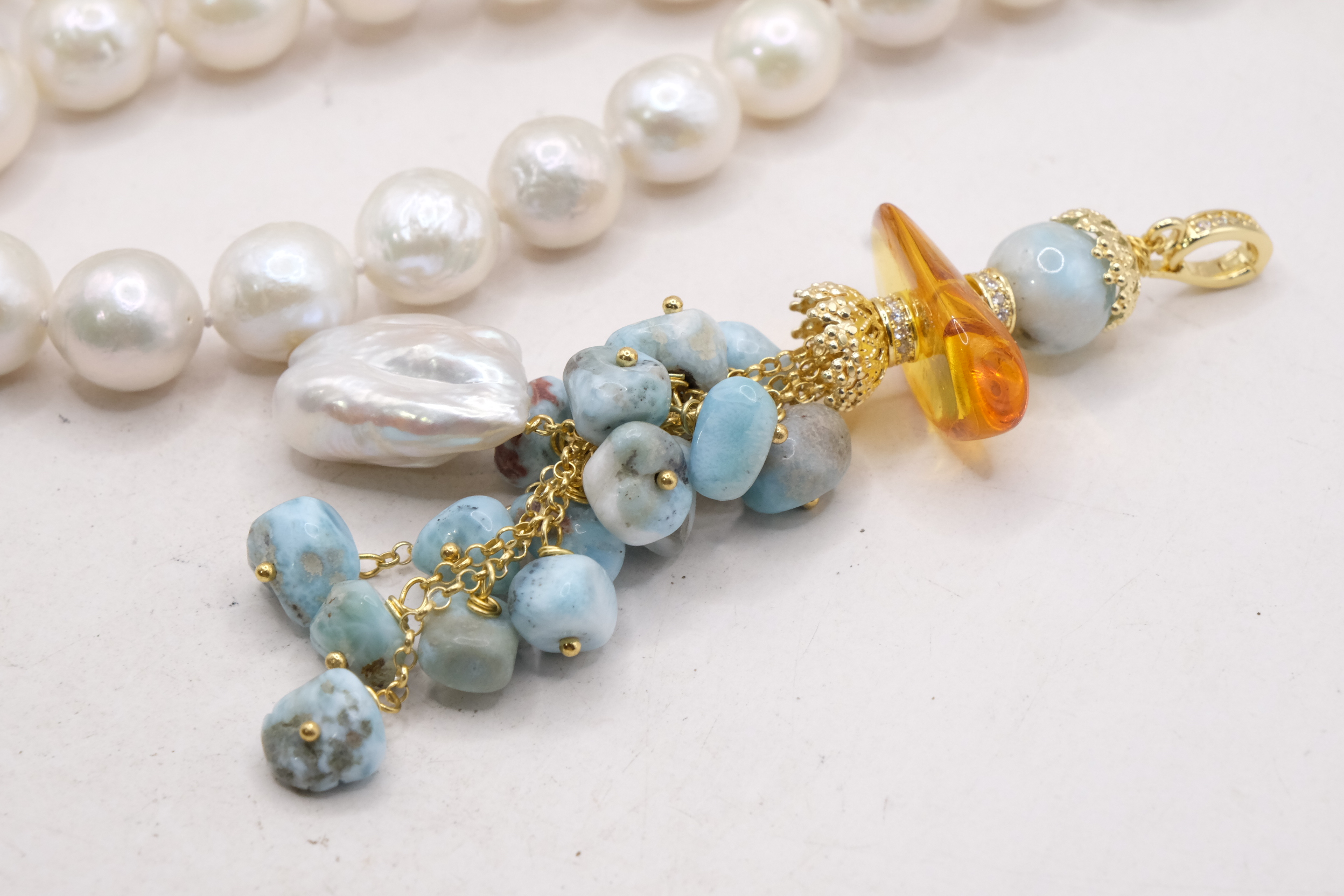 COLLANA ARTIGIANALE PERLE NATURALI 11 MM PENDENTE LARIMAR AMBRA ARGENTO DORATO (10)
