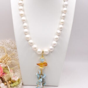 Collana Artigianale Perle Big Pendente Staccabile Larimar Ambra e Perle Naturali