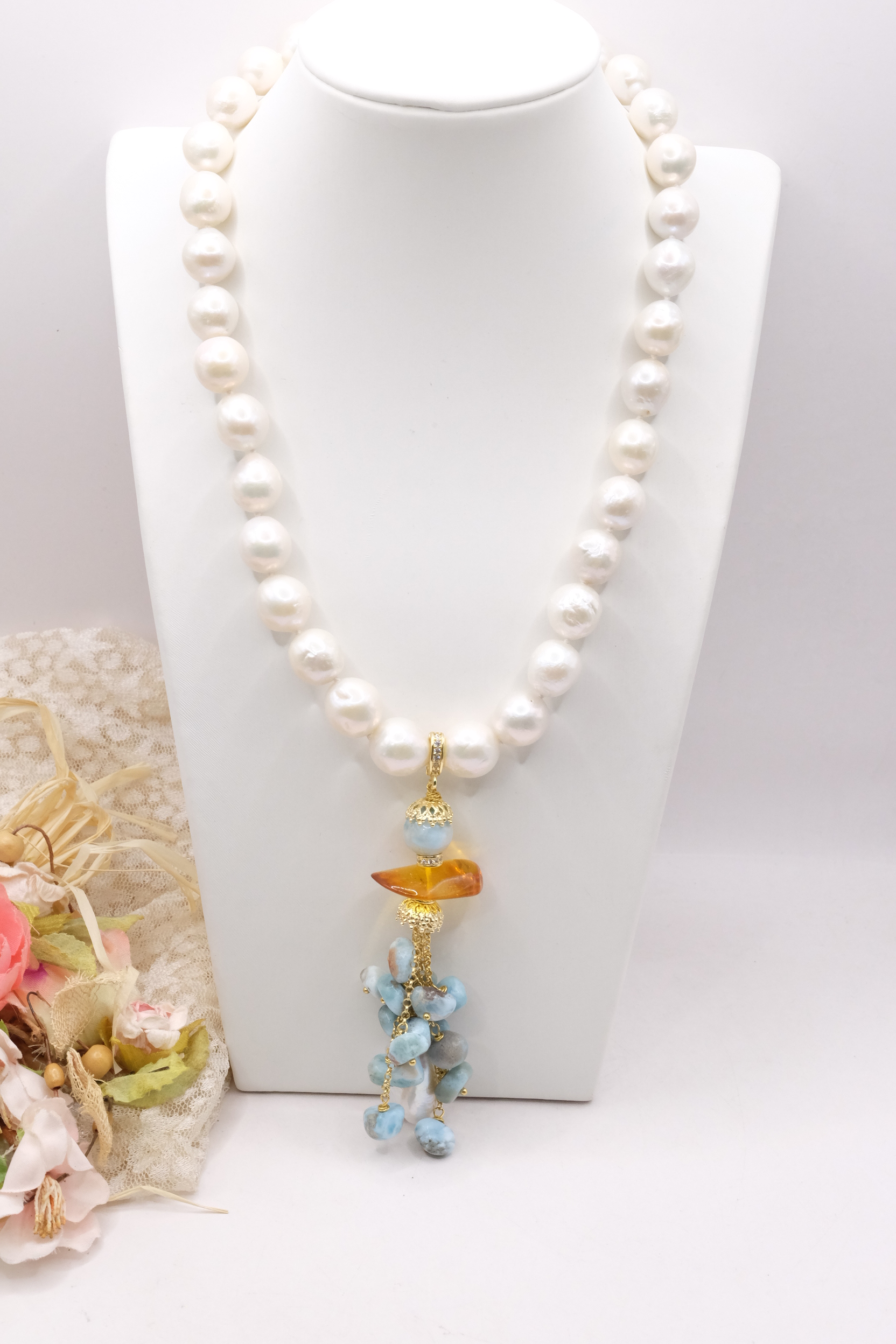 COLLANA ARTIGIANALE PERLE NATURALI 11 MM PENDENTE LARIMAR AMBRA ARGENTO DORATO (2)