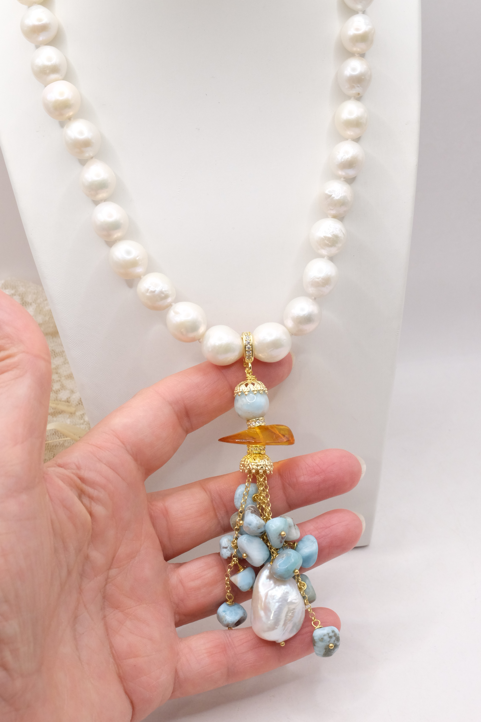 COLLANA ARTIGIANALE PERLE NATURALI 11 MM PENDENTE LARIMAR AMBRA ARGENTO DORATO (3)