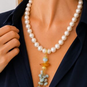 Collana Artigianale Perle Big Pendente Staccabile Larimar Ambra e Perle Naturali