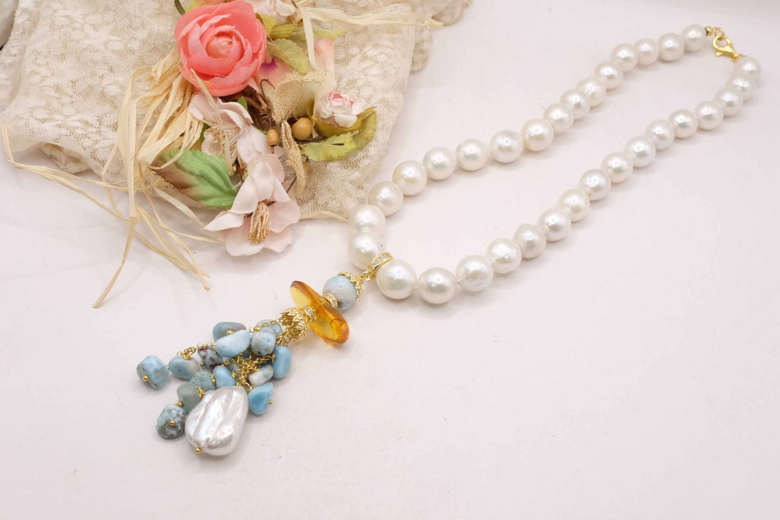 COLLANA ARTIGIANALE PERLE NATURALI 11 MM PENDENTE LARIMAR AMBRA ARGENTO DORATO (4)