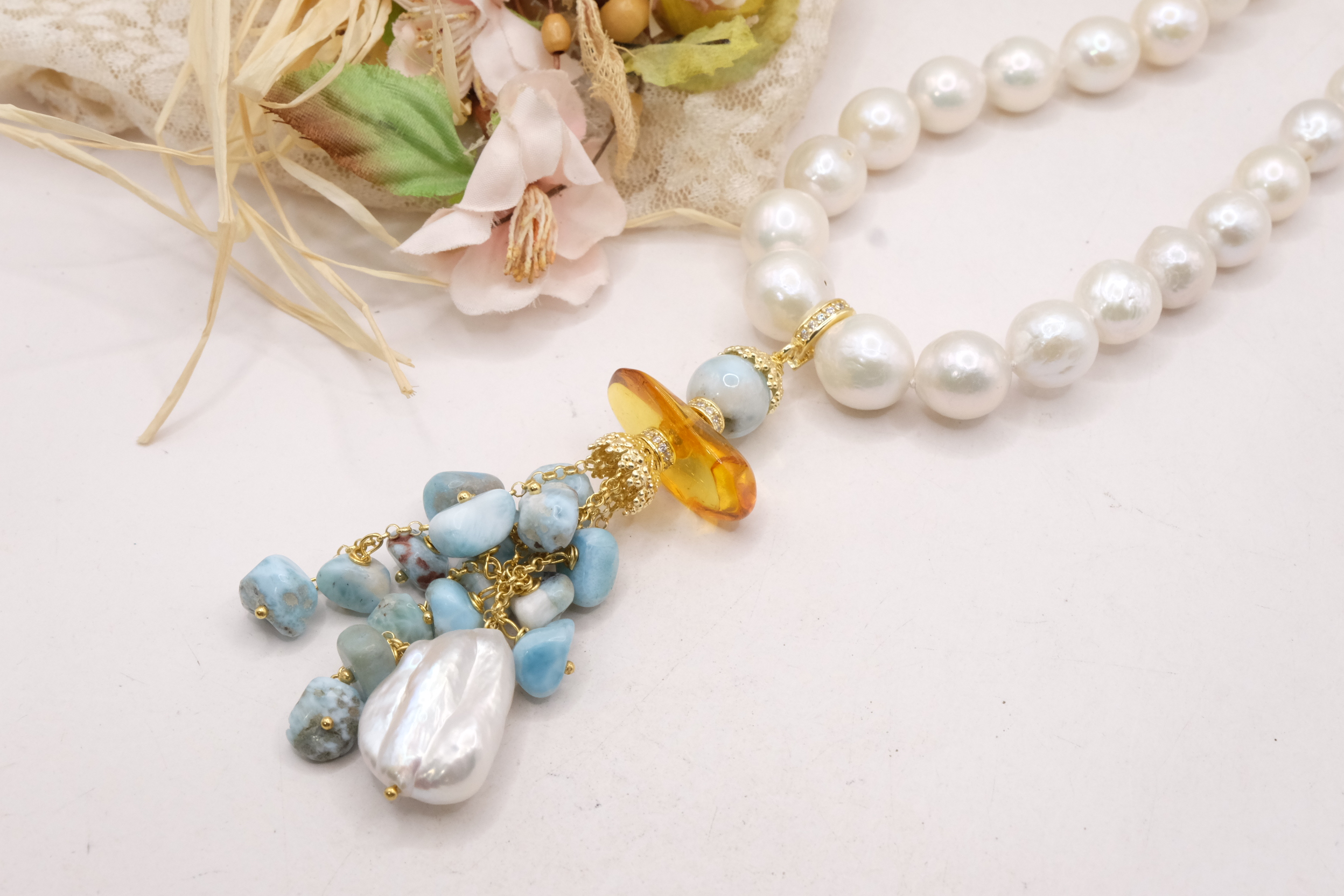 COLLANA ARTIGIANALE PERLE NATURALI 11 MM PENDENTE LARIMAR AMBRA ARGENTO DORATO (5)