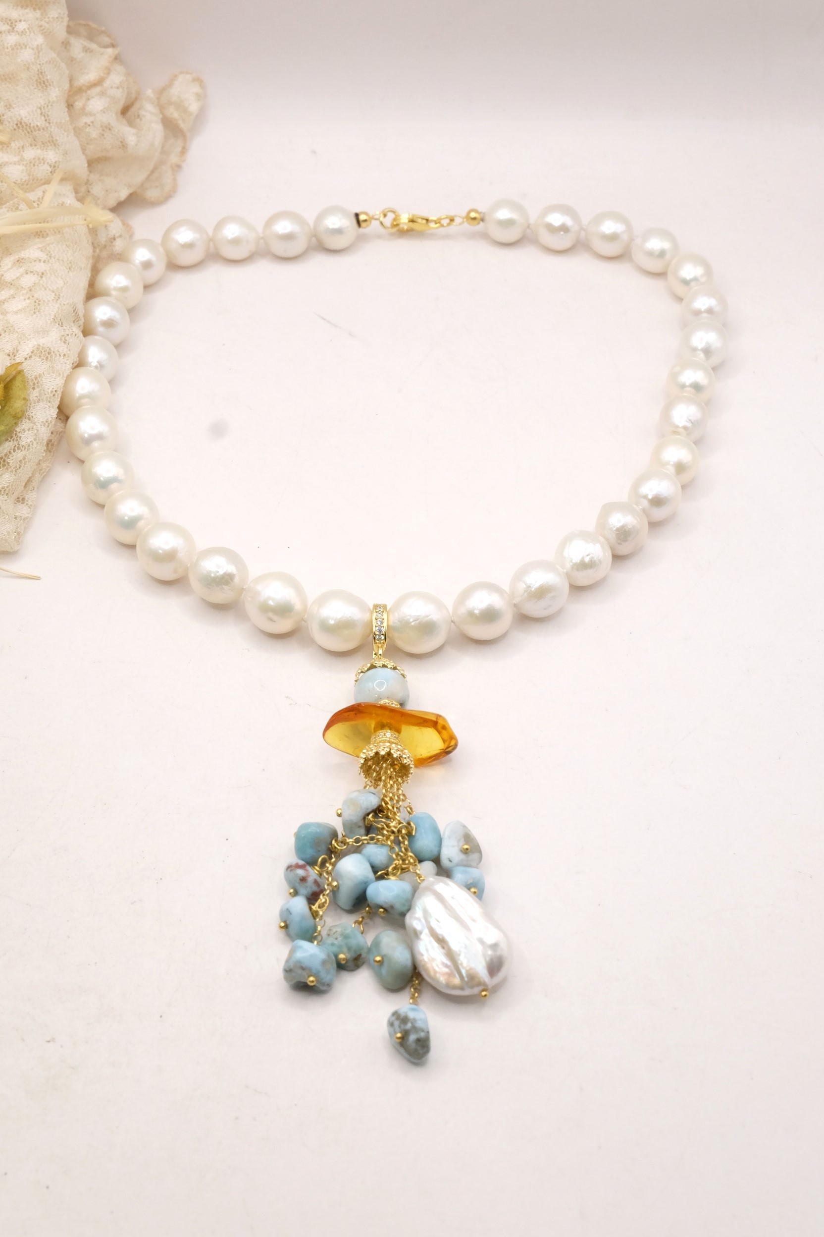 COLLANA ARTIGIANALE PERLE NATURALI 11 MM PENDENTE LARIMAR AMBRA ARGENTO DORATO (8)