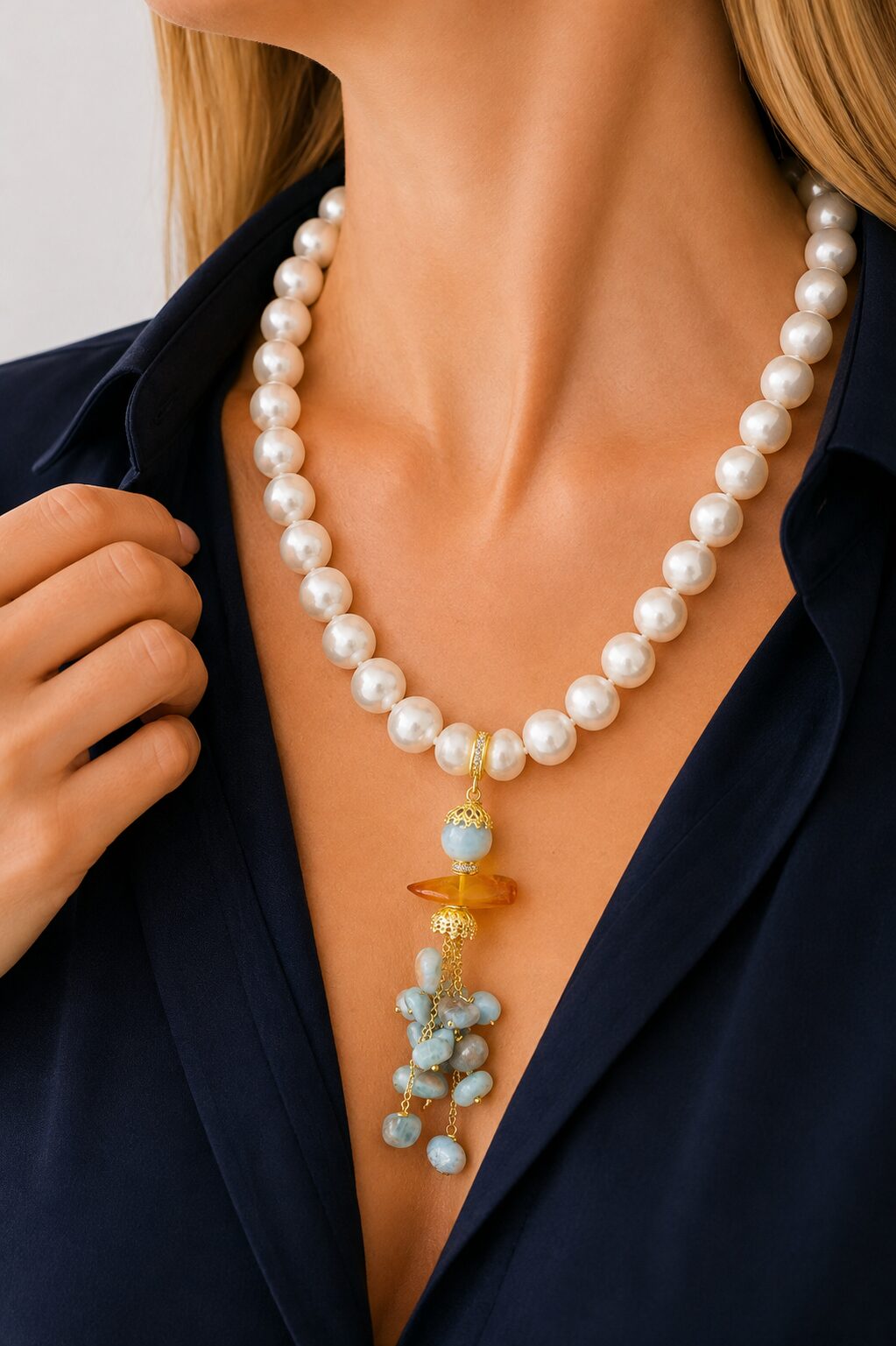 COLLANA ARTIGIANALE PERLE NATURALI 11 MM PENDENTE LARIMAR AMBRA ARGENTO DORATO