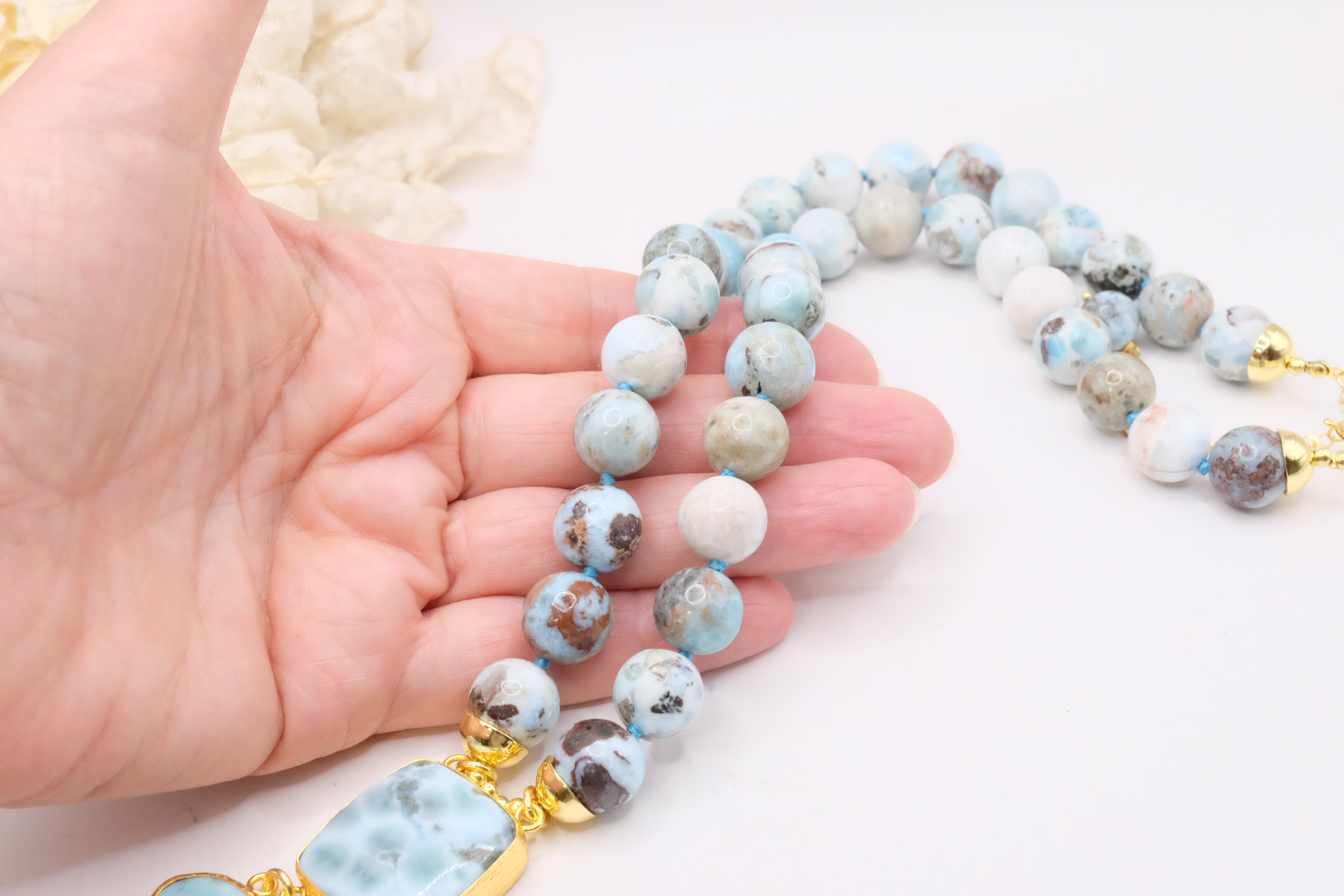 COLLANA ARTIGIANALE PREZIOSO LARIMAR ARGENTO 925 PLACCATO ORO (1)