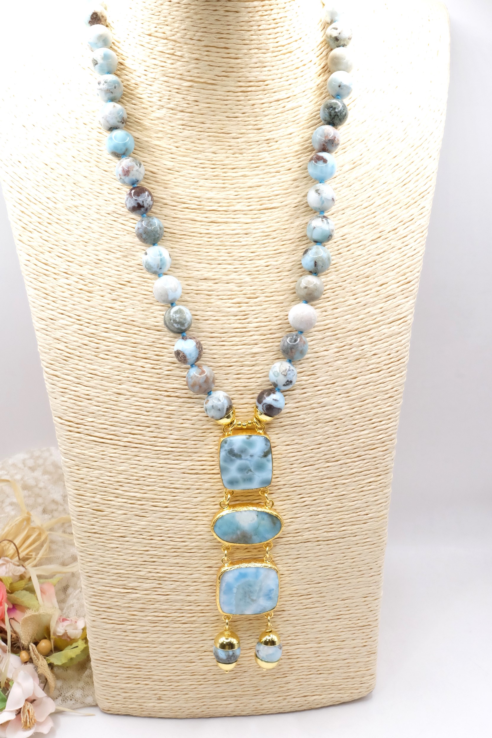 COLLANA ARTIGIANALE PREZIOSO LARIMAR ARGENTO 925 PLACCATO ORO (2)