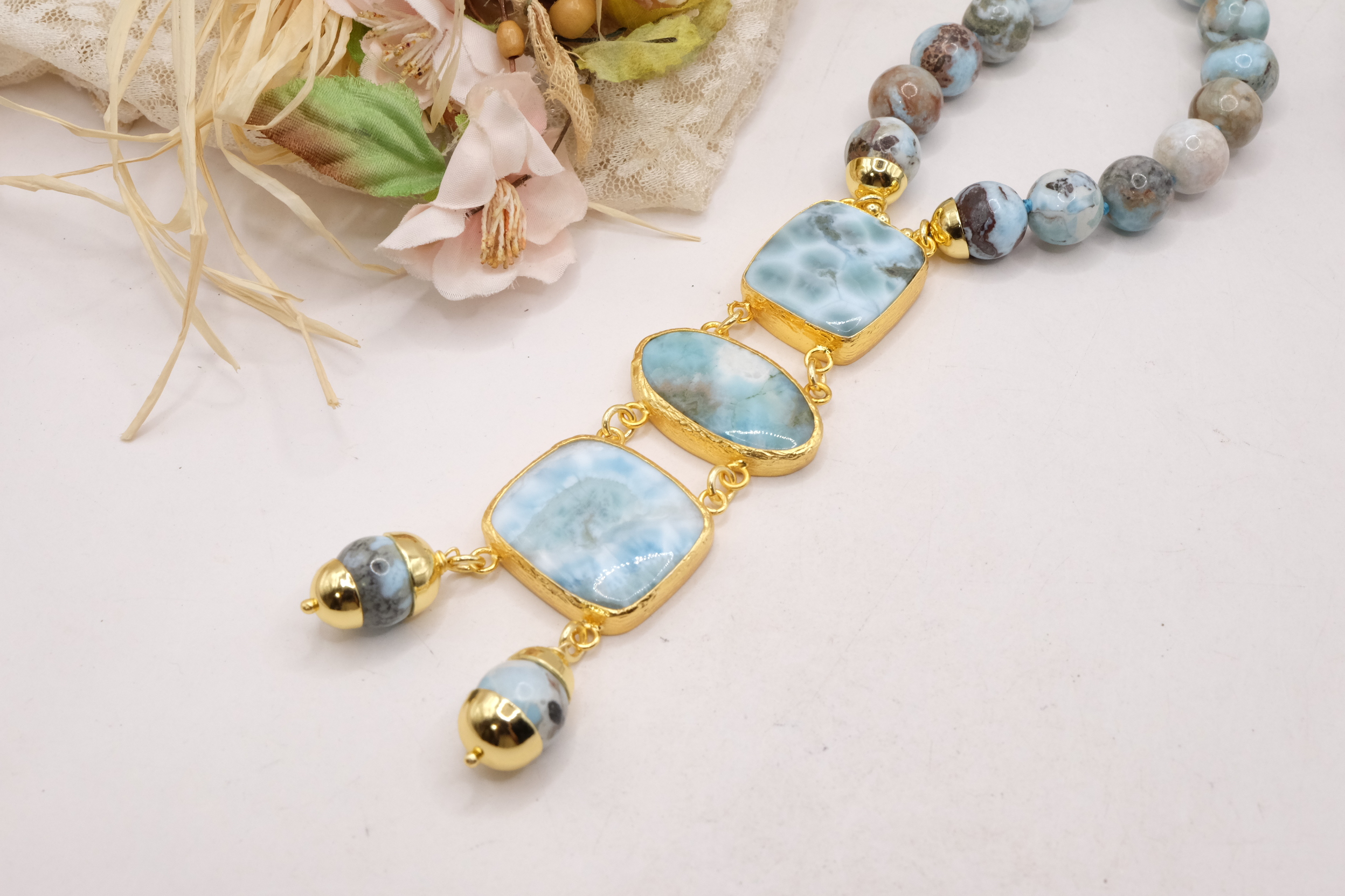 COLLANA ARTIGIANALE PREZIOSO LARIMAR ARGENTO 925 PLACCATO ORO (3)