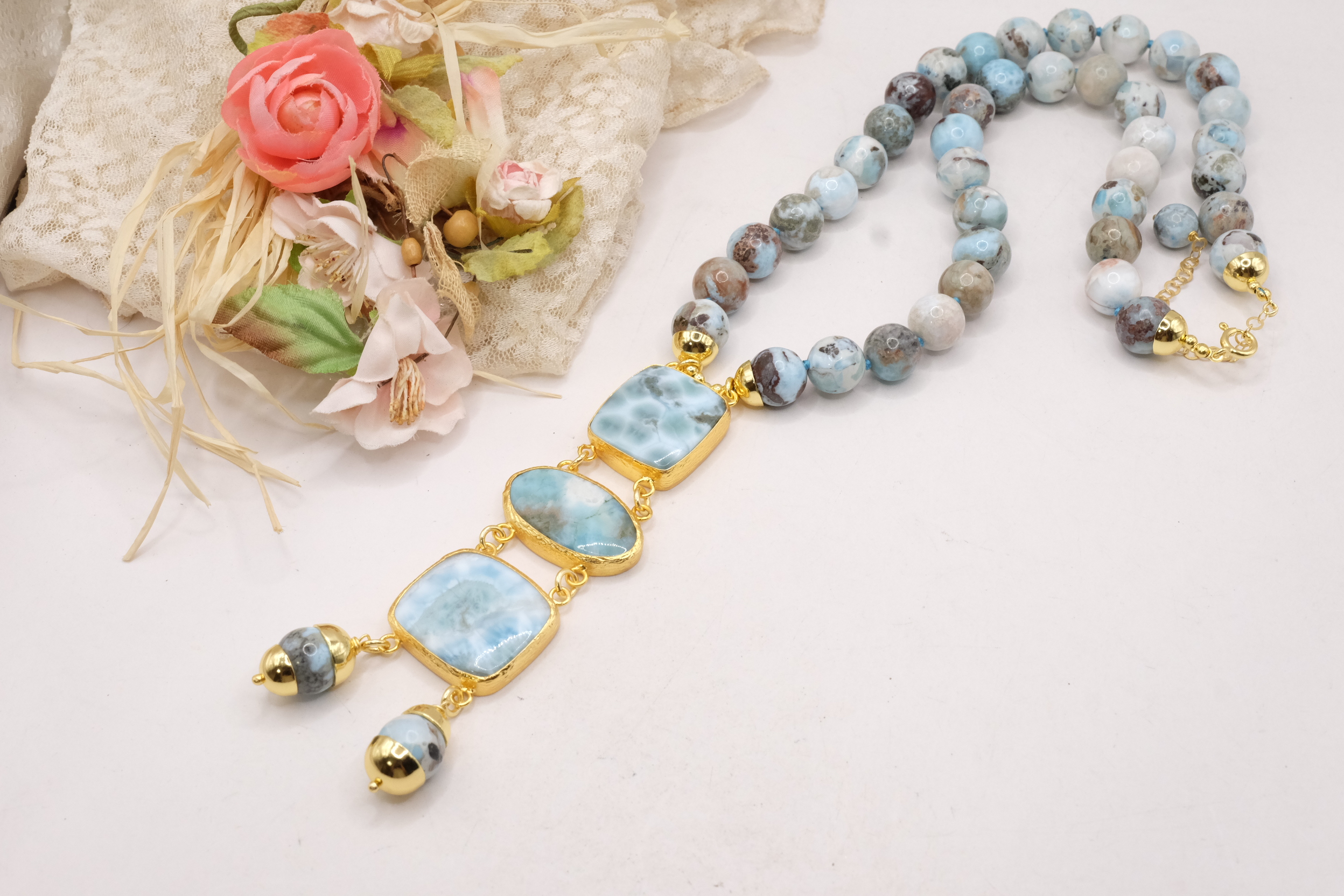 COLLANA ARTIGIANALE PREZIOSO LARIMAR ARGENTO 925 PLACCATO ORO (4)