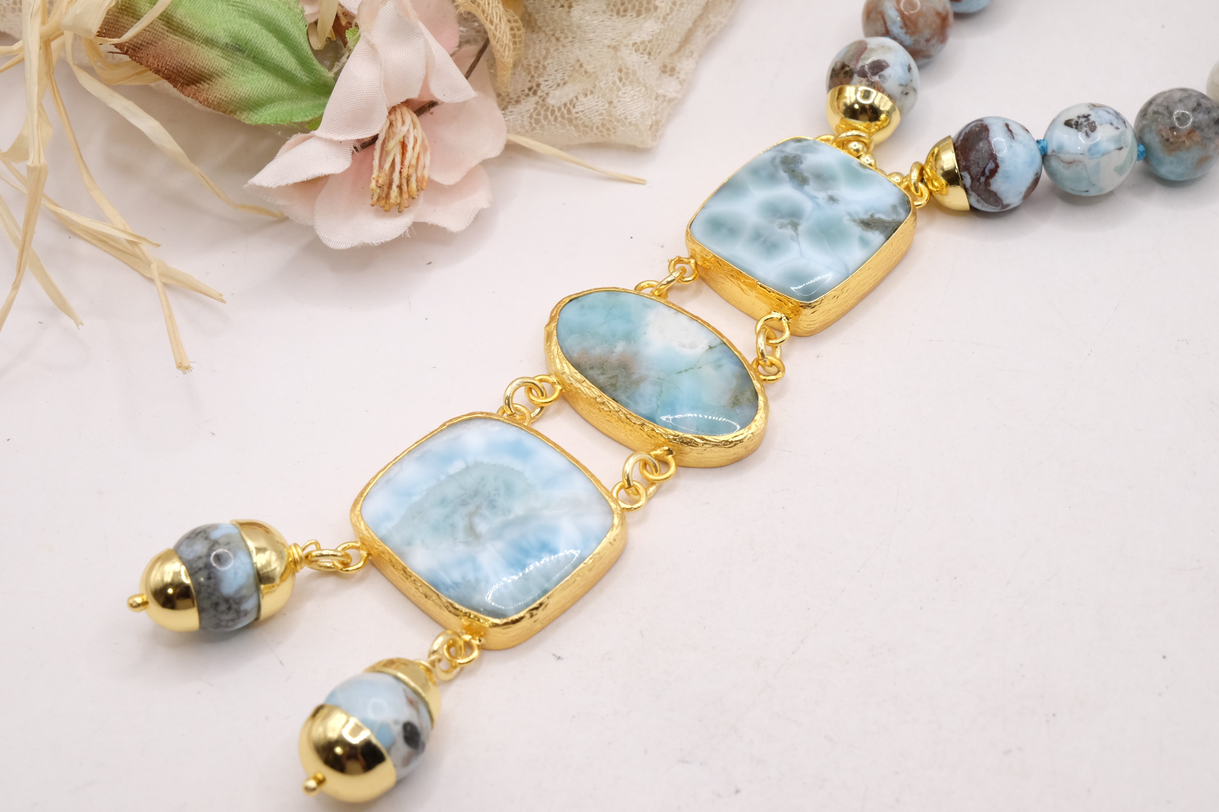 COLLANA ARTIGIANALE PREZIOSO LARIMAR ARGENTO 925 PLACCATO ORO (5)