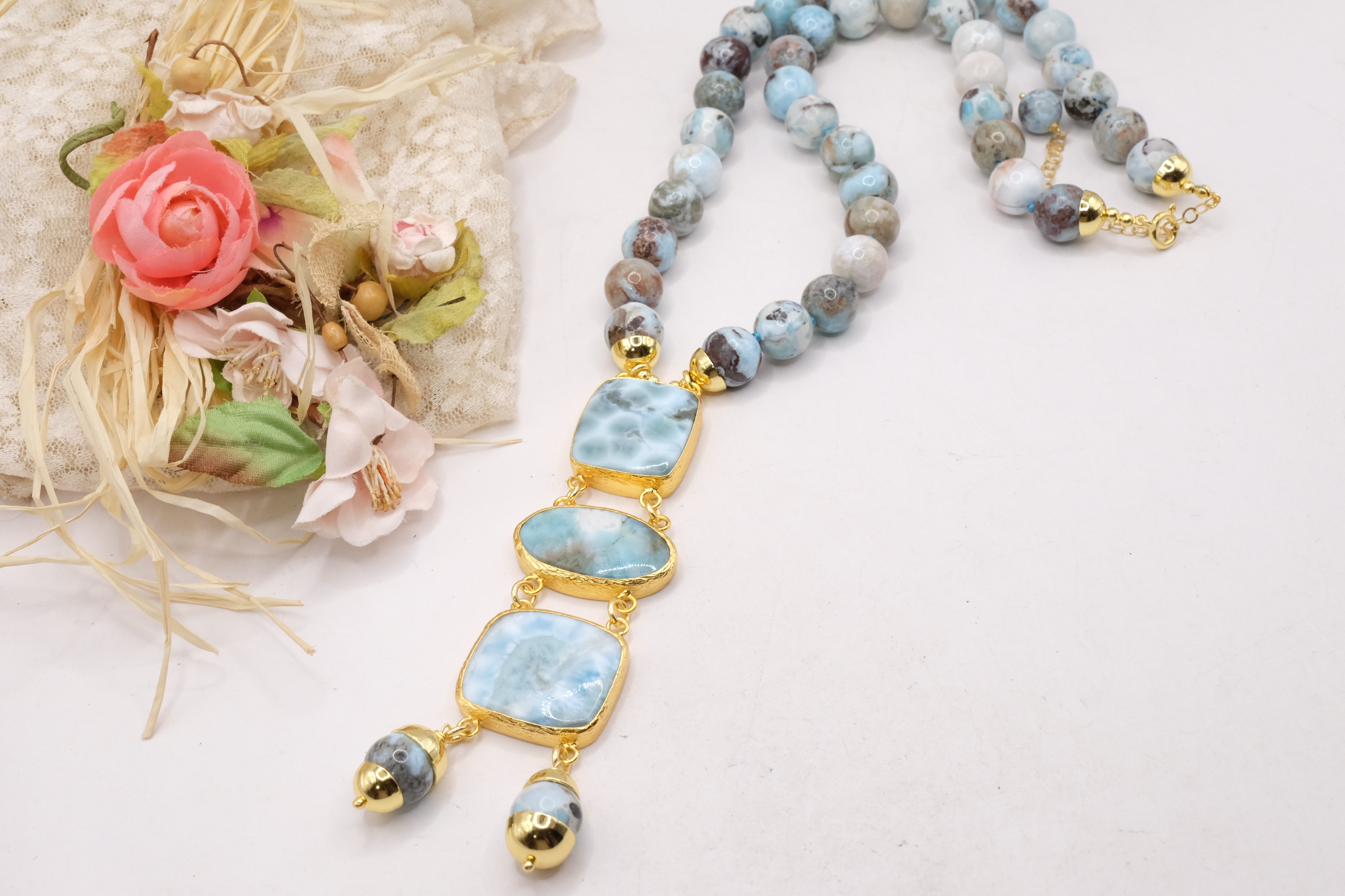 COLLANA ARTIGIANALE PREZIOSO LARIMAR ARGENTO 925 PLACCATO ORO (8)