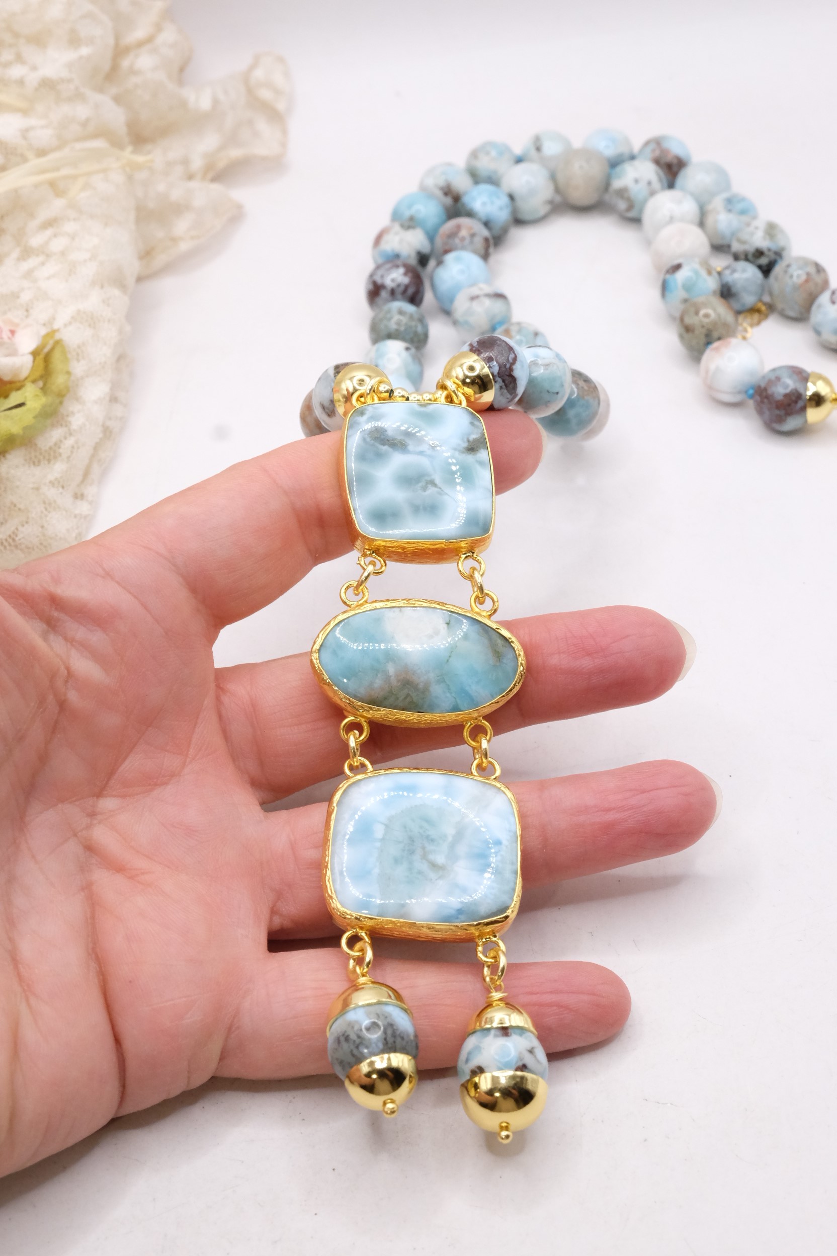 COLLANA ARTIGIANALE PREZIOSO LARIMAR ARGENTO 925 PLACCATO ORO (9)